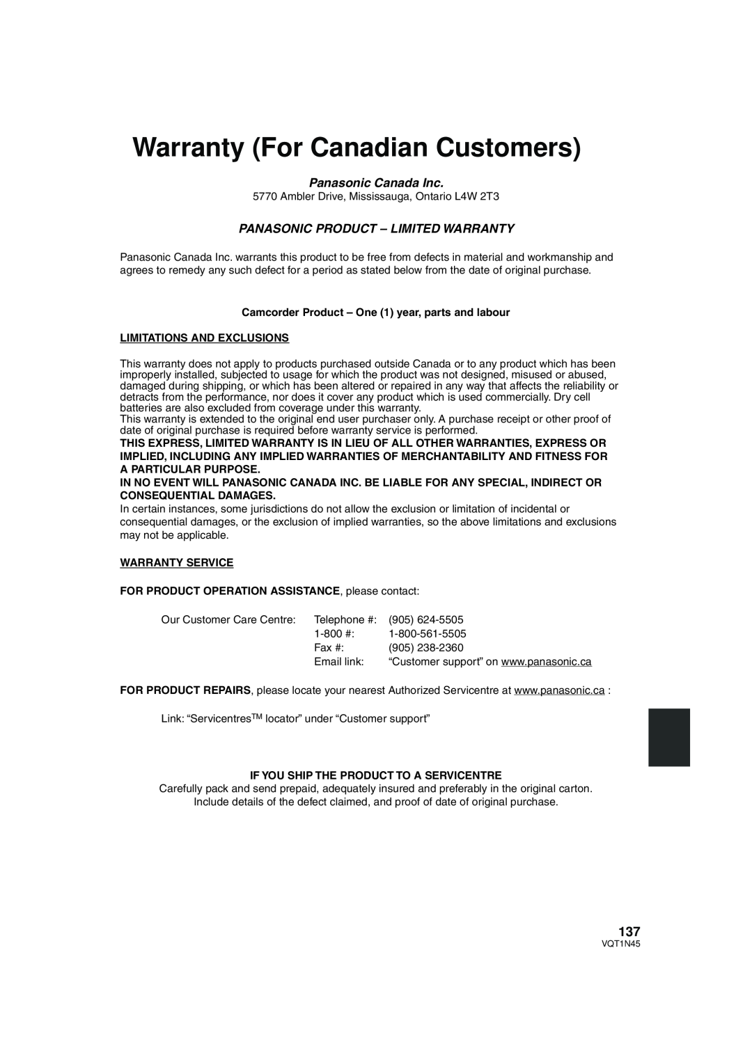 Panasonic HDC-SD9PC manual Warranty For Canadian Customers, Panasonic Canada Inc, Panasonic Product – Limited Warranty 