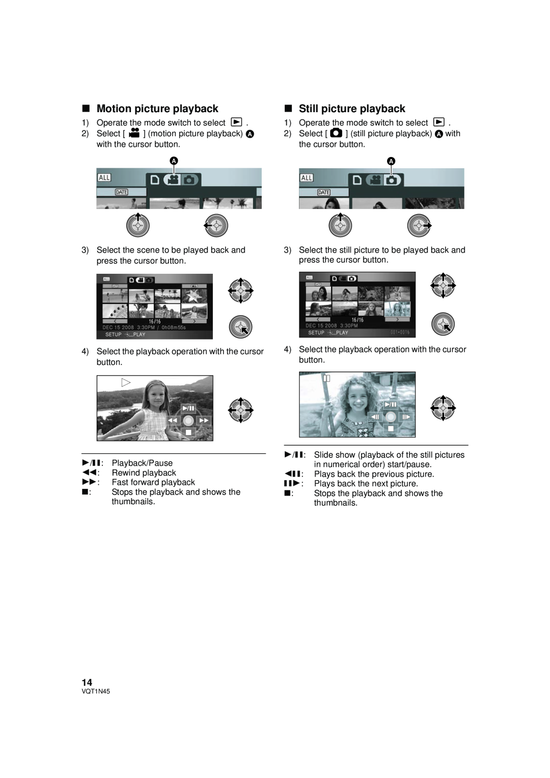 Panasonic HDC-SD9PC manual ∫Motion picture playback, ∫Still picture playback 