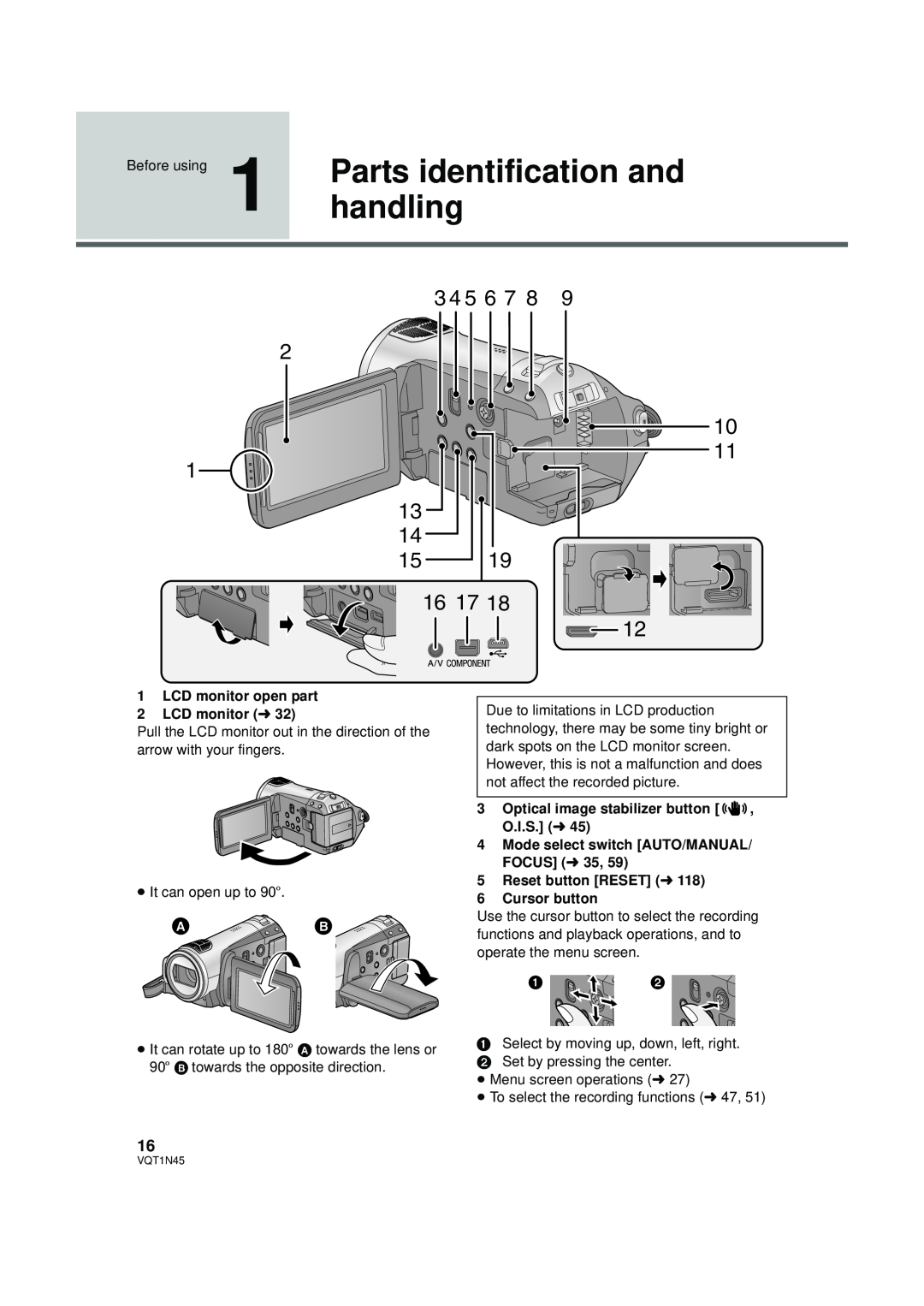 Panasonic HDC-SD9PC manual Parts identification and, handling, Before using, 1LCD monitor open part 2LCD monitor l 