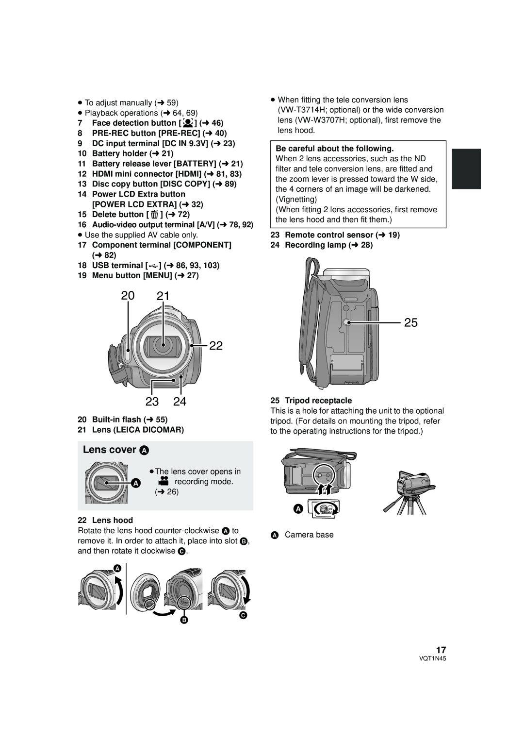 Panasonic HDC-SD9P manual 20 22 23, Lens cover A, 7Face detection button l, 8PRE-RECbutton PRE-RECl, 10Battery holder l 
