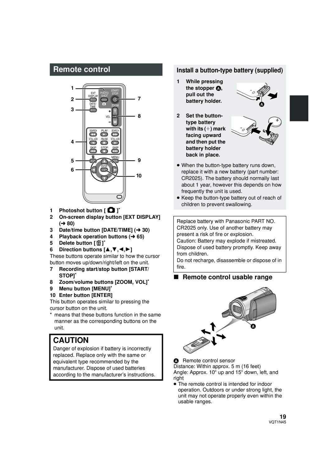 Panasonic HDC-SD9PC manual Install a button-typebattery supplied, Remote control usable range, 1Photoshot button 
