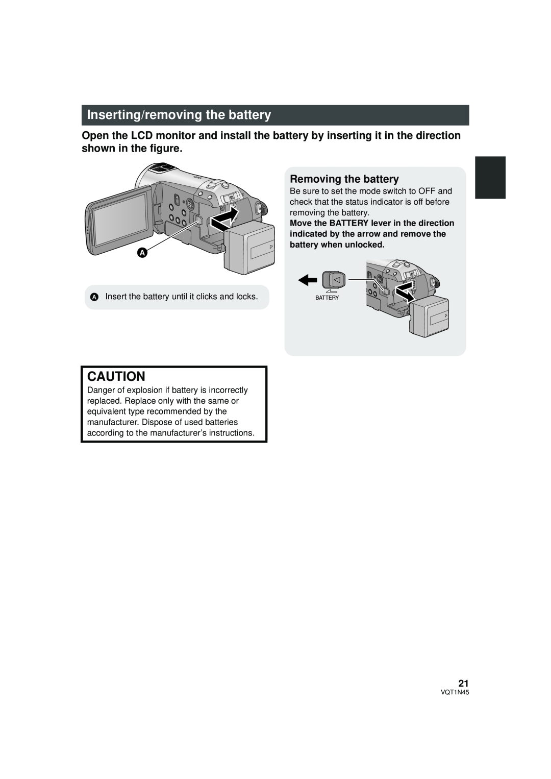 Panasonic HDC-SD9PC manual Inserting/removing the battery, Removing the battery 