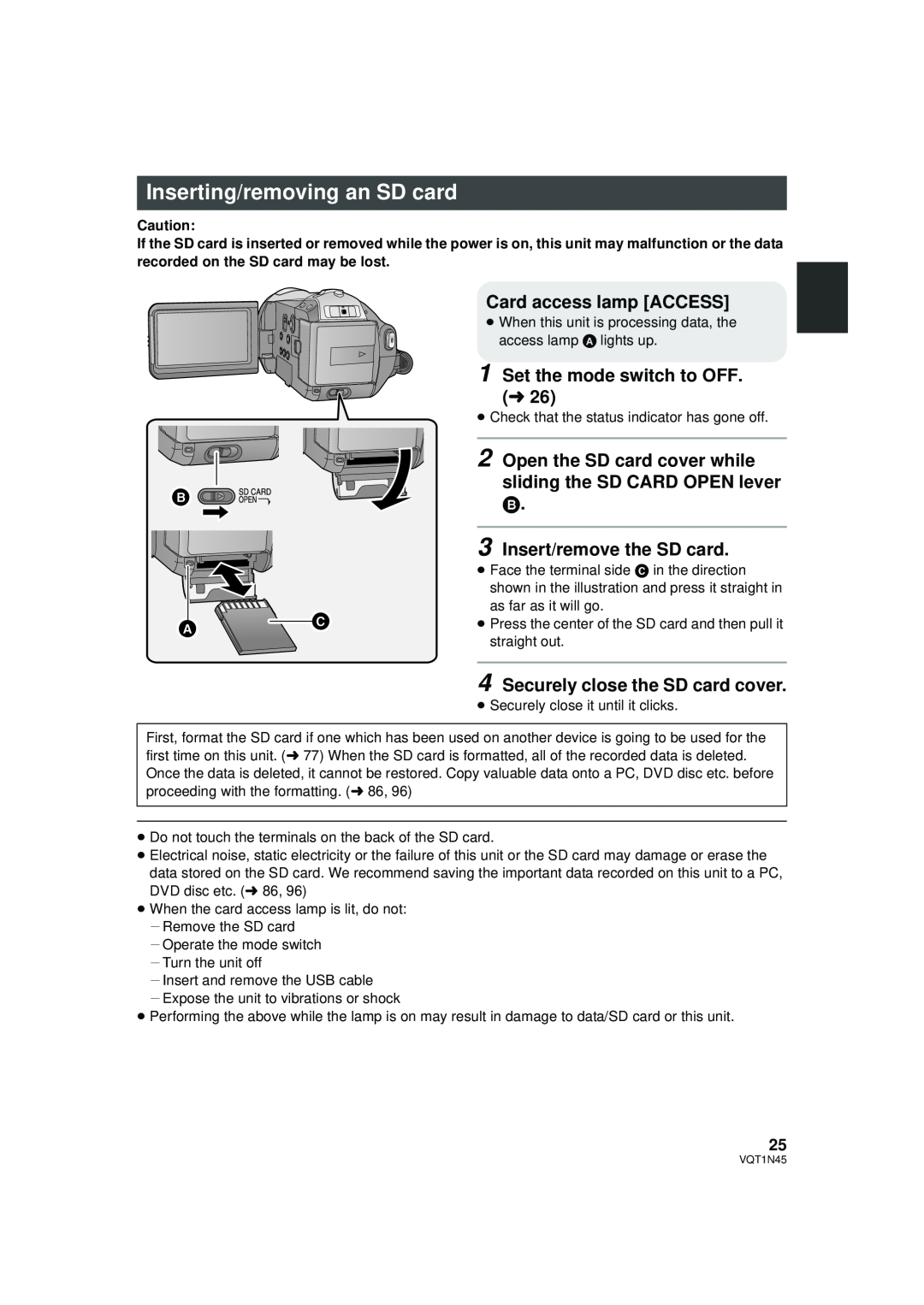 Panasonic HDC-SD9PC manual Inserting/removing an SD card, Set the mode switch to OFF. l, Insert/remove the SD card 
