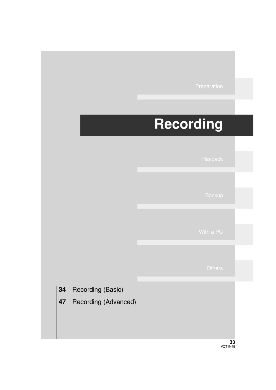 Panasonic HDC-SD9P manual 34Recording Basic 47Recording Advanced, Preparation, Playback Backup With a PC Others, VQT1N45 