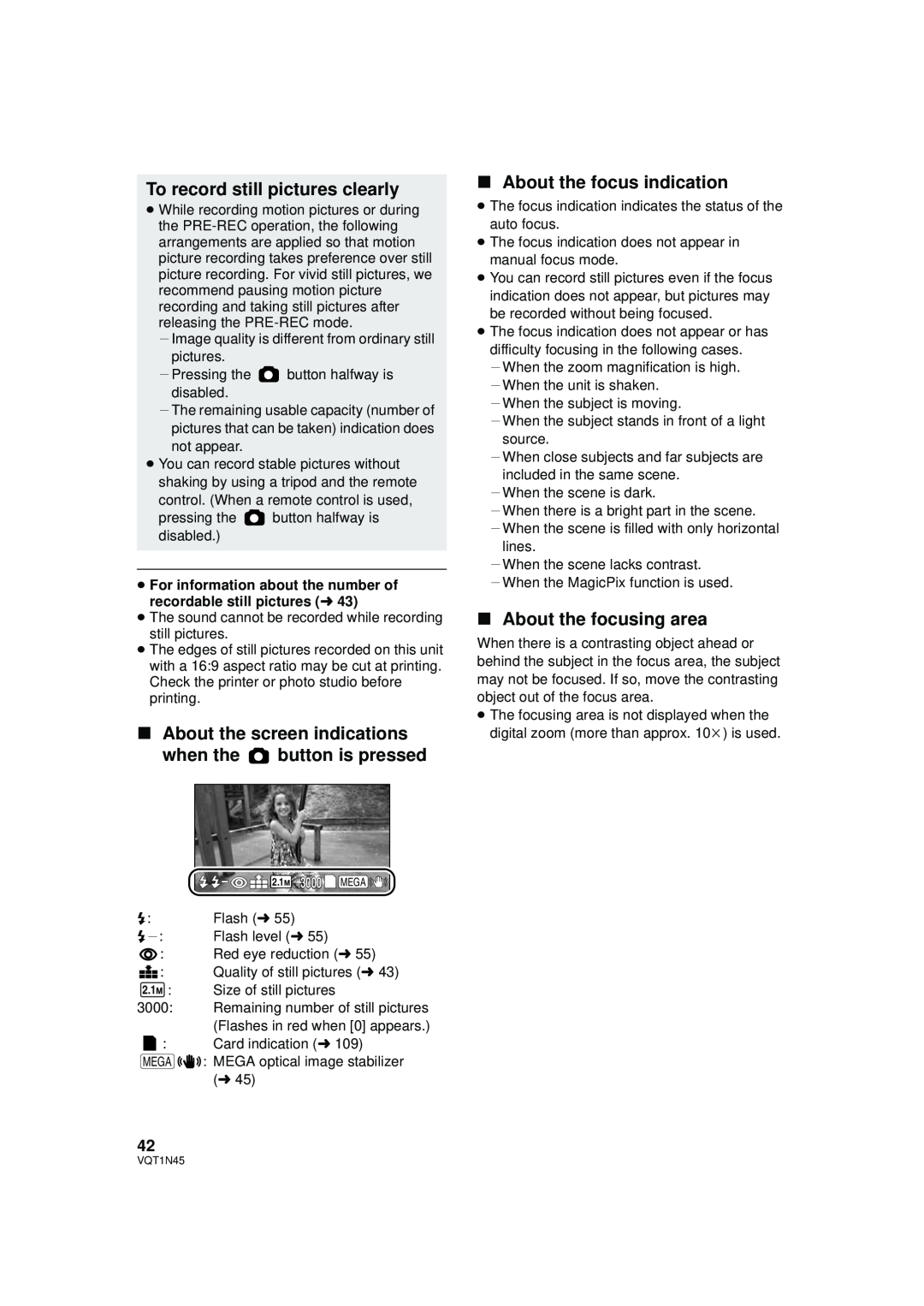 Panasonic HDC-SD9PC manual To record still pictures clearly, ∫About the focus indication, ∫About the focusing area 