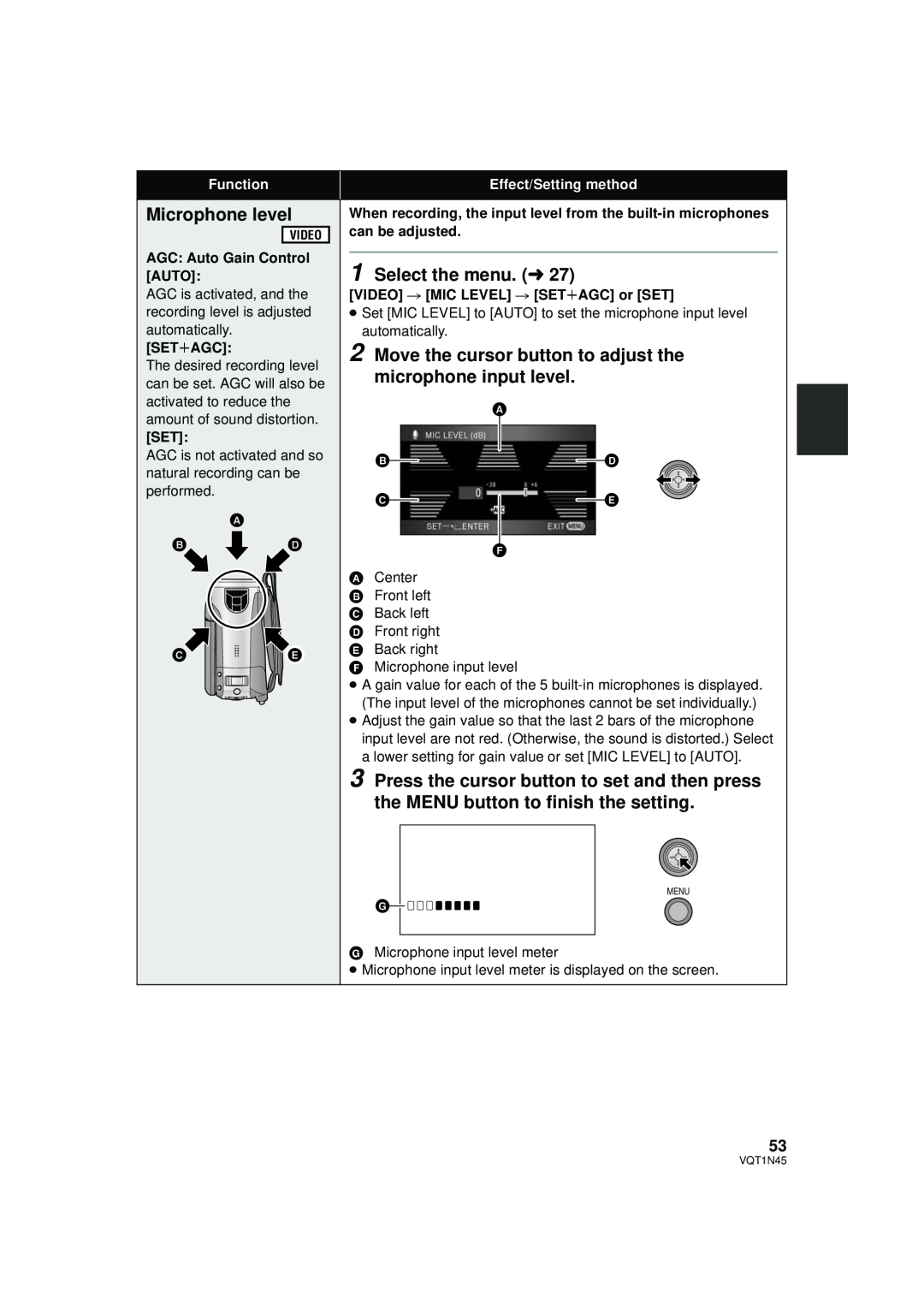 Panasonic HDC-SD9P Microphone level, Select the menu. l, Function, Effect/Setting method, AGC: Auto Gain Control AUTO 