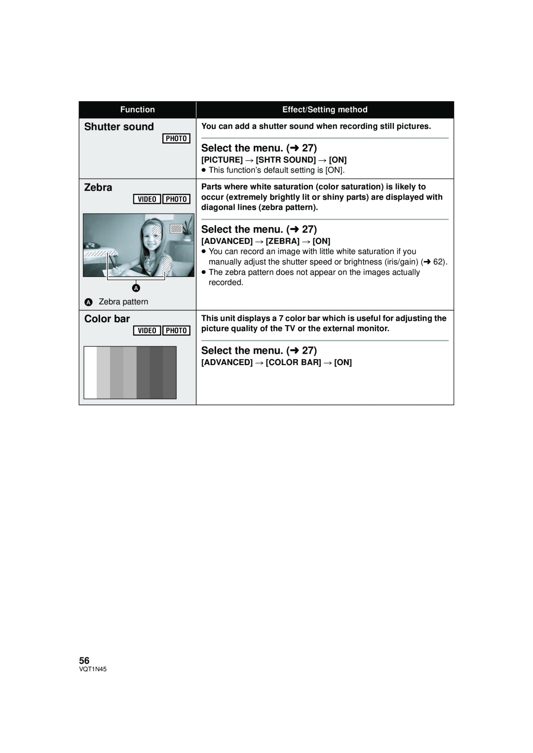 Panasonic HDC-SD9PC manual Shutter sound, Zebra, Color bar, Select the menu. l, Function, Effect/Setting method 