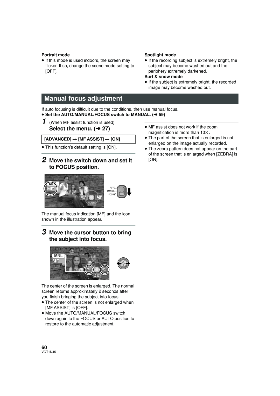 Panasonic HDC-SD9PC manual Manual focus adjustment, Select the menu. l 