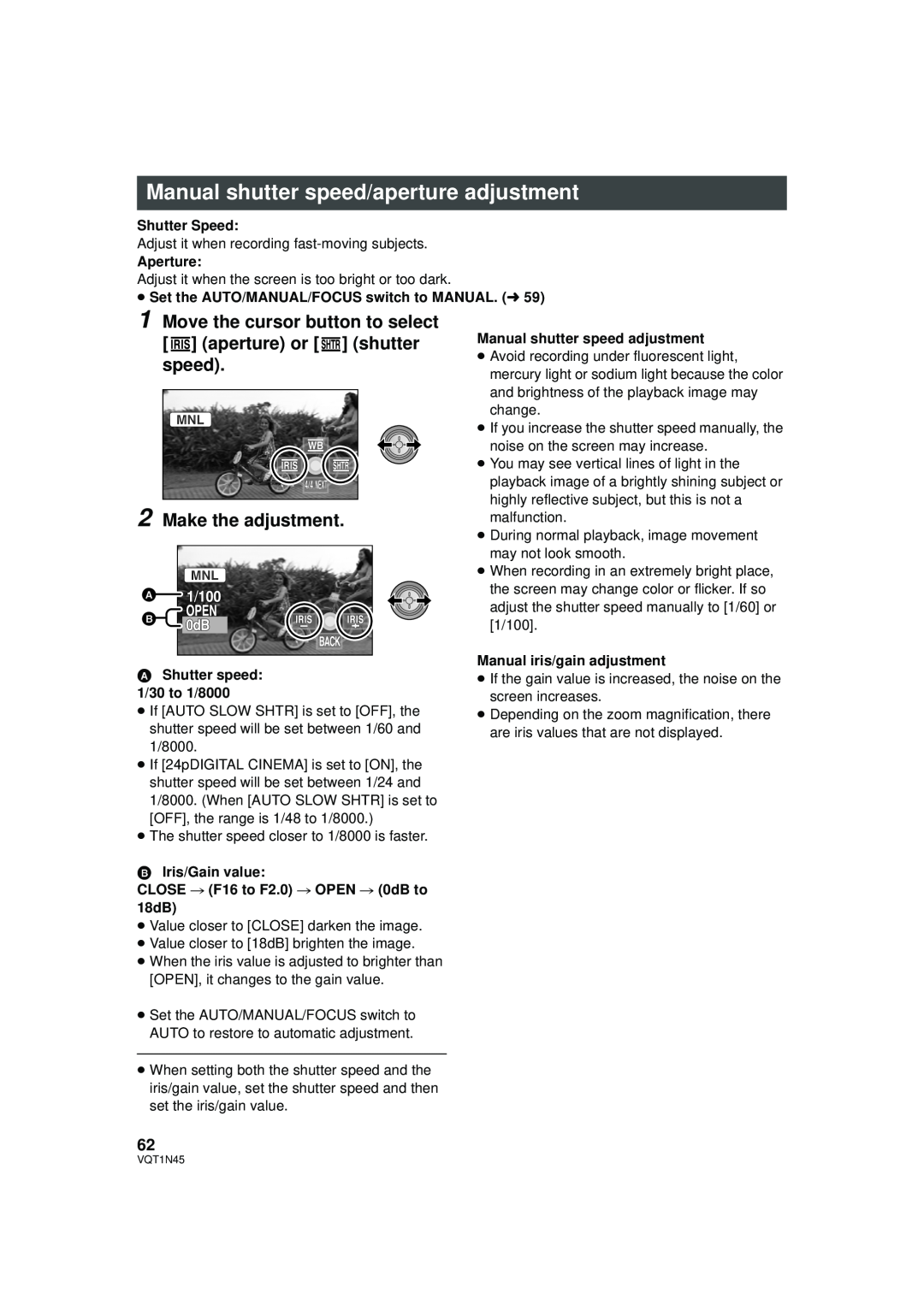Panasonic HDC-SD9PC manual Manual shutter speed/aperture adjustment, Make the adjustment, Shutter Speed, Aperture 
