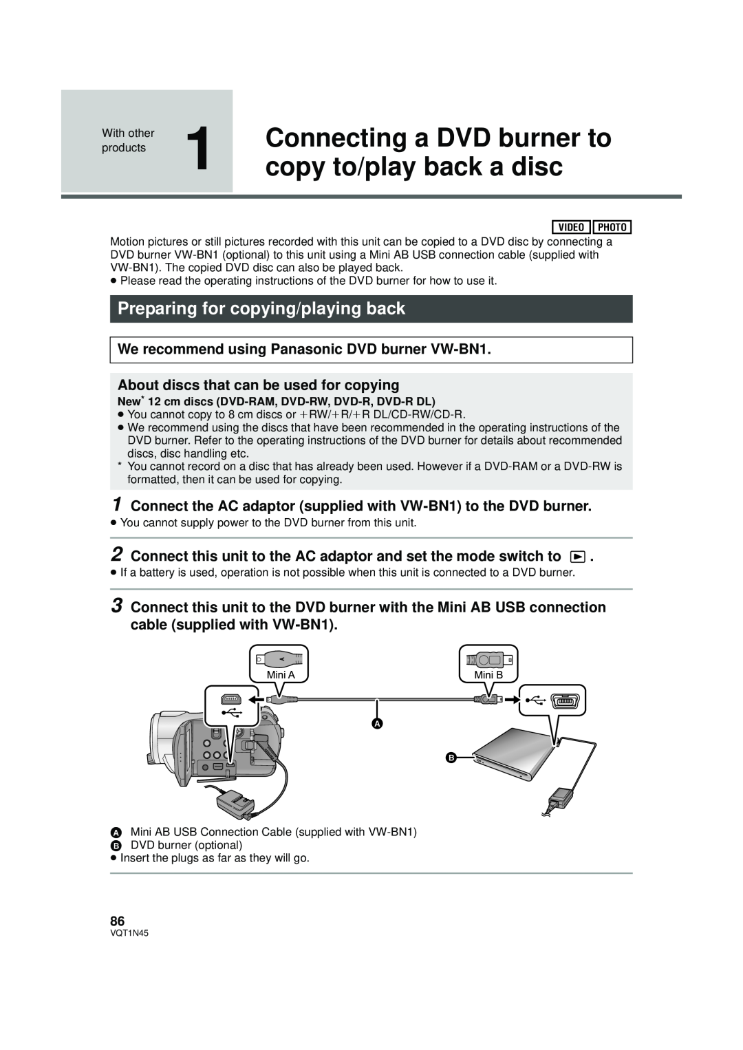 Panasonic HDC-SD9PC manual Connecting a DVD burner to, copy to/play back a disc, Preparing for copying/playing back 