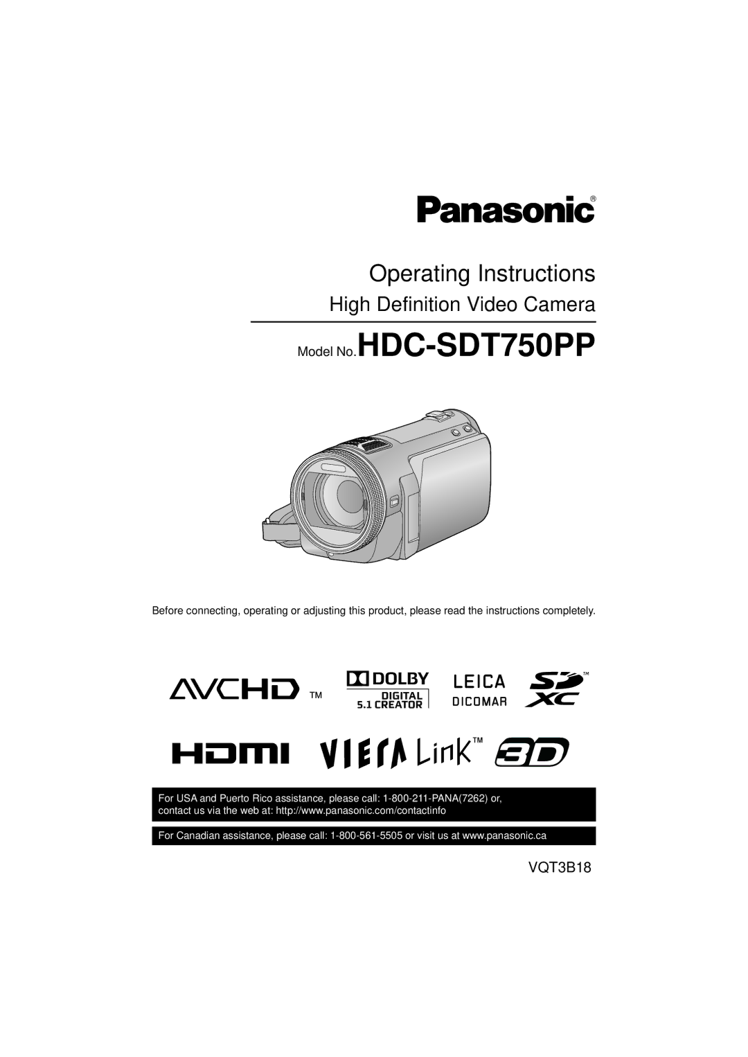 Panasonic HDC-SDT750K operating instructions Model No.HDC-SDT750PP 