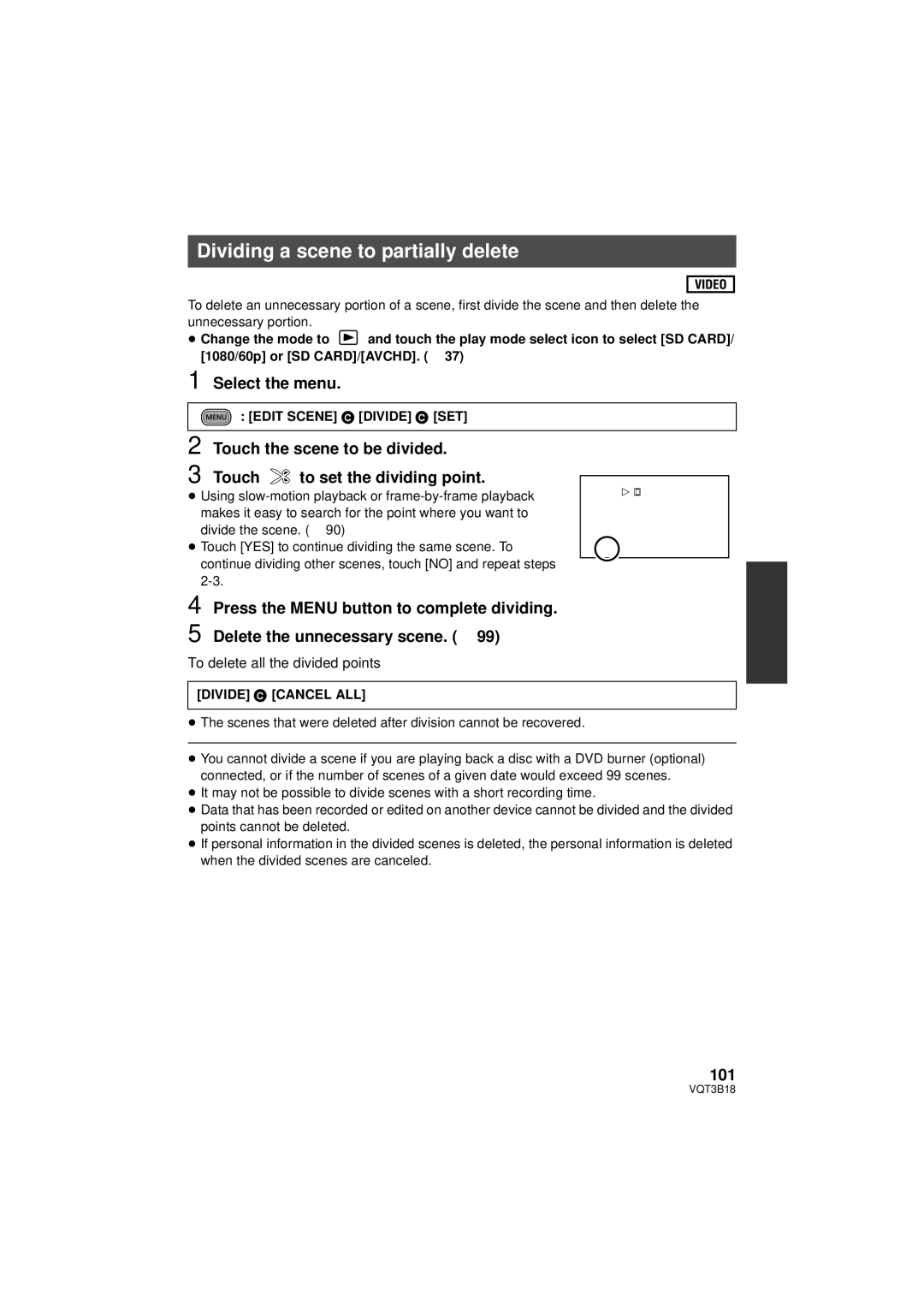 Panasonic HDC-SDT750K, HDC-SDT750PP Dividing a scene to partially delete, Press the Menu button to complete dividing, 101 