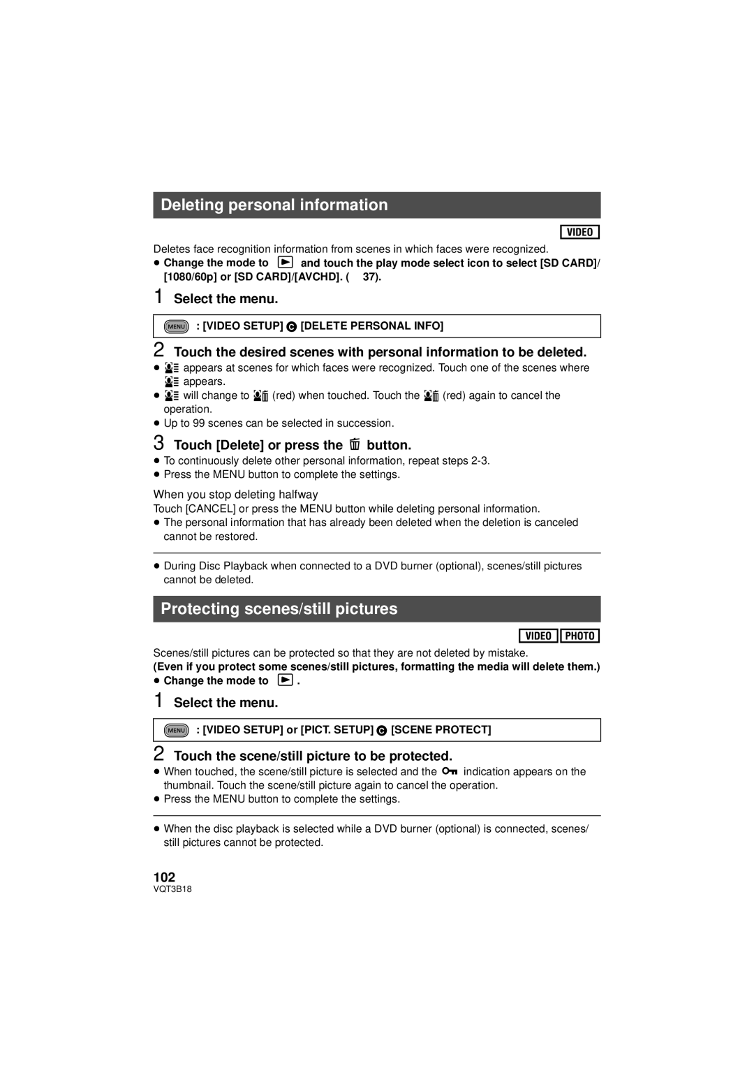 Panasonic HDC-SDT750PP, HDC-SDT750K Deleting personal information, Protecting scenes/still pictures, 102 