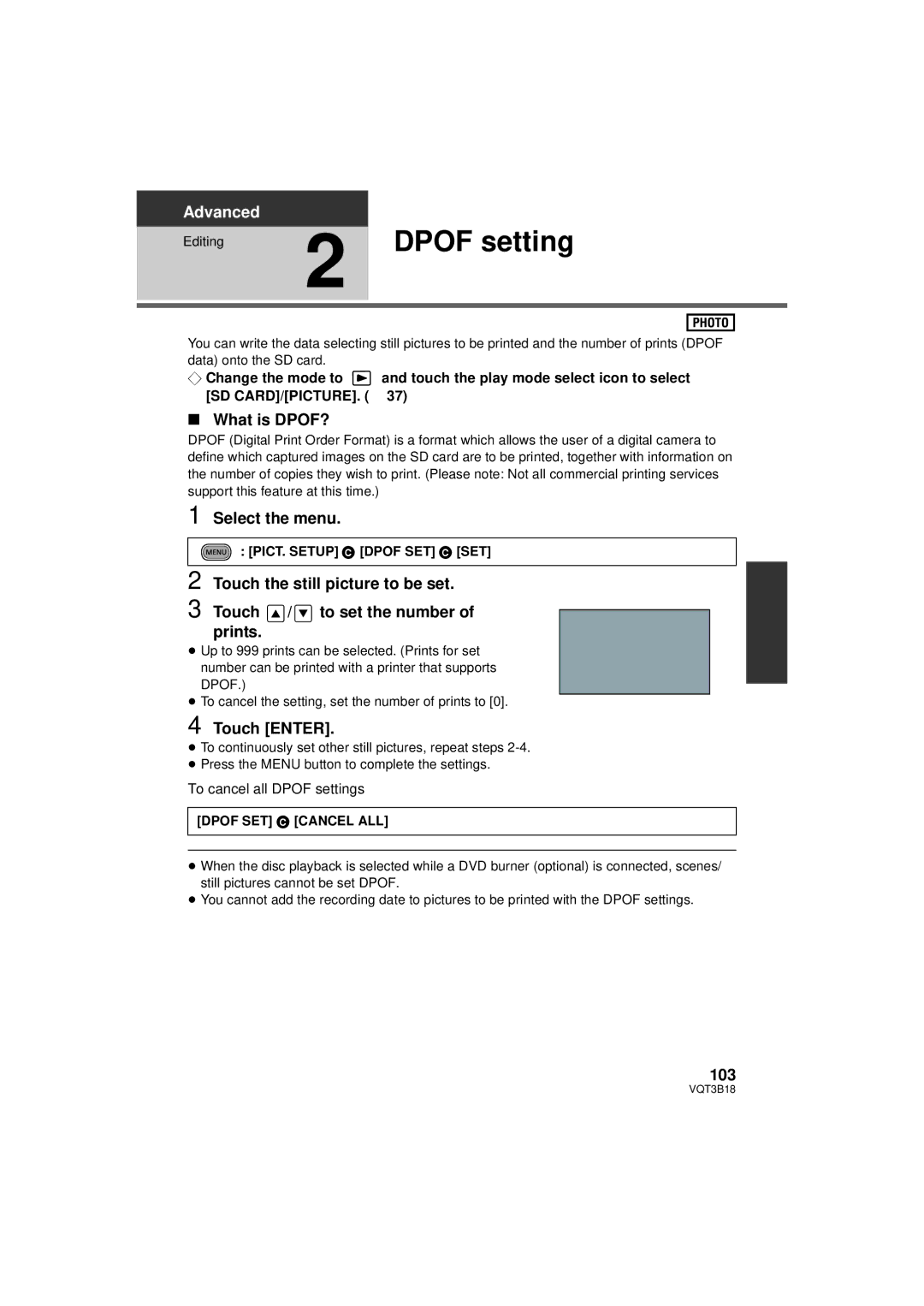 Panasonic HDC-SDT750K, HDC-SDT750PP Dpof setting, What is DPOF?, 103, PICT. Setup # Dpof SET # SET, Dpof SET # Cancel ALL 