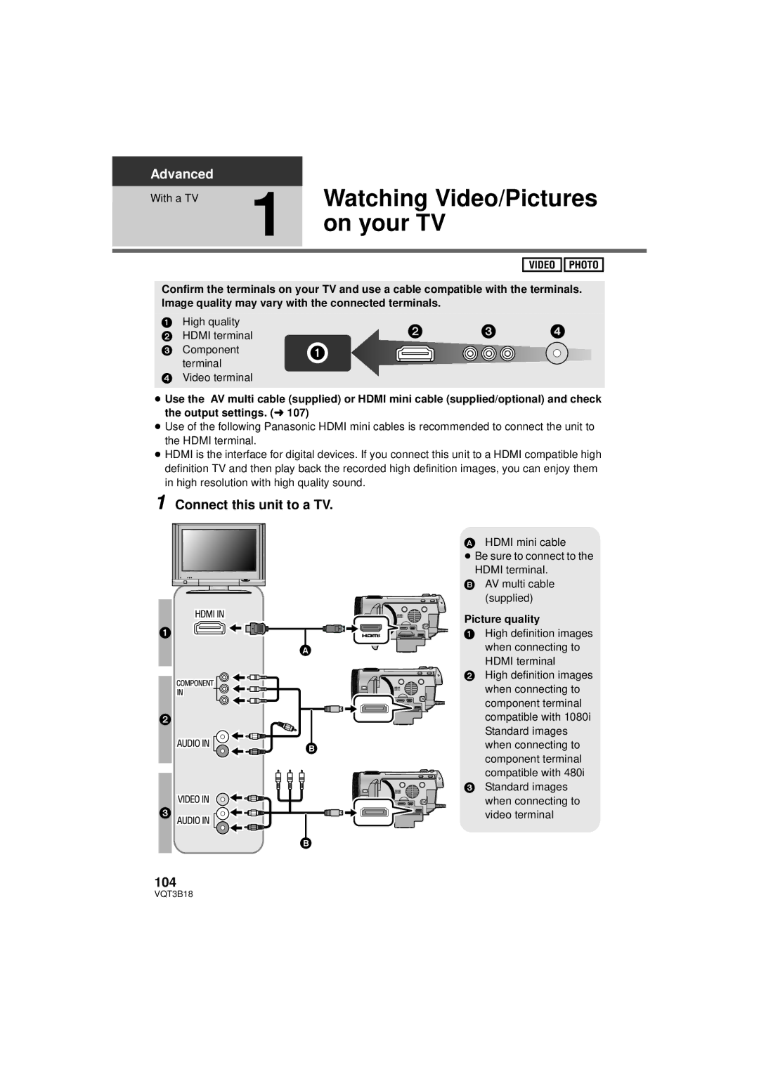 Panasonic HDC-SDT750PP, HDC-SDT750K Watching Video/Pictures, On your TV, Connect this unit to a TV, 104, Picture quality 