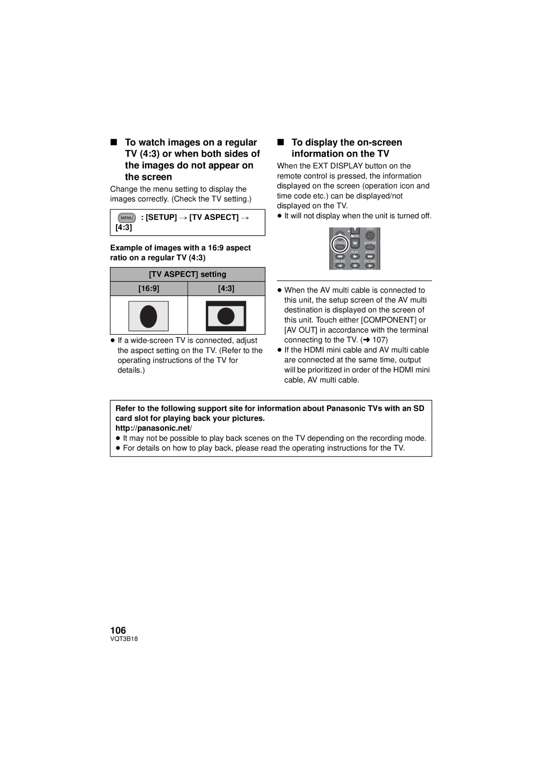 Panasonic HDC-SDT750PP, HDC-SDT750K To display the on-screen information on the TV, 106, Setup # TV Aspect # 