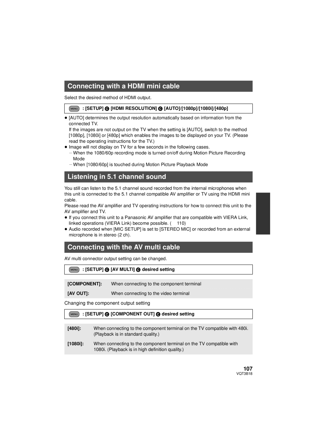 Panasonic HDC-SDT750K, HDC-SDT750PP Connecting with a Hdmi mini cable, Listening in 5.1 channel sound, 107 