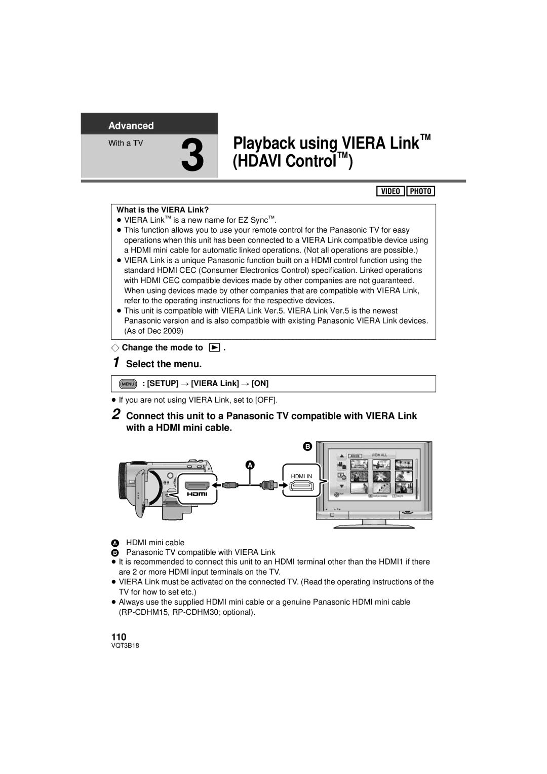 Panasonic HDC-SDT750PP, HDC-SDT750K Hdavi Control, 110, What is the Viera Link?, Setup # Viera Link # on 