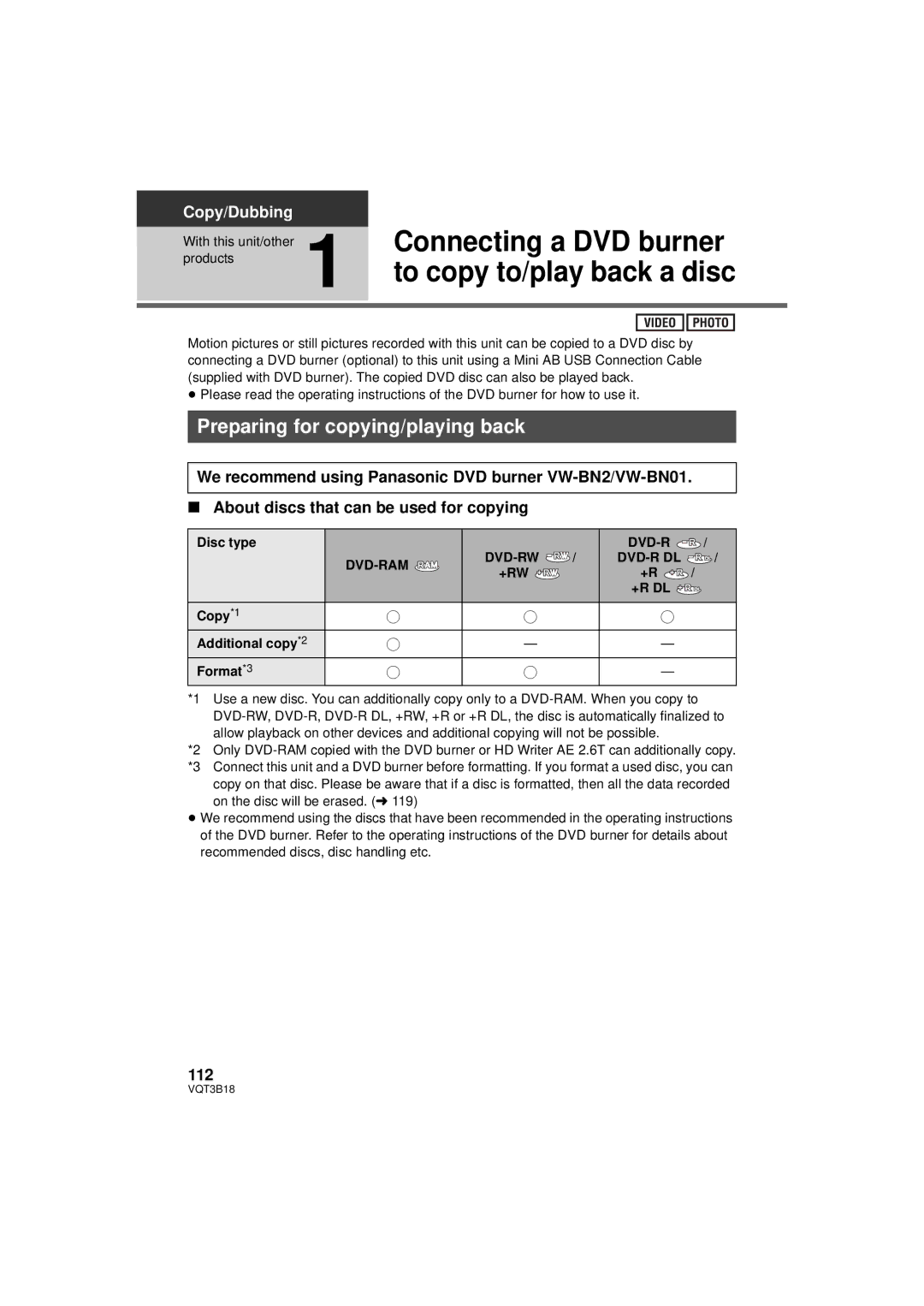 Panasonic HDC-SDT750PP Connecting a DVD burner, To copy to/play back a disc, Preparing for copying/playing back, 112 