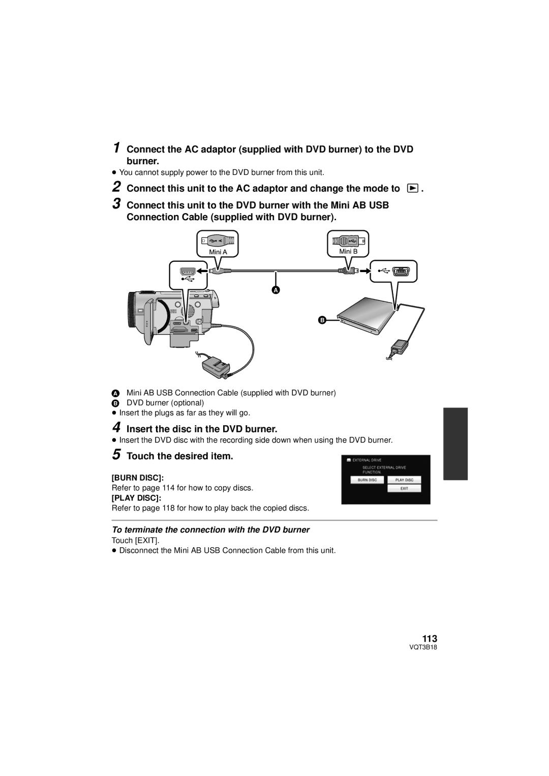 Panasonic HDC-SDT750K, HDC-SDT750PP operating instructions Insert the disc in the DVD burner, 113, Burn Disc, Play Disc 