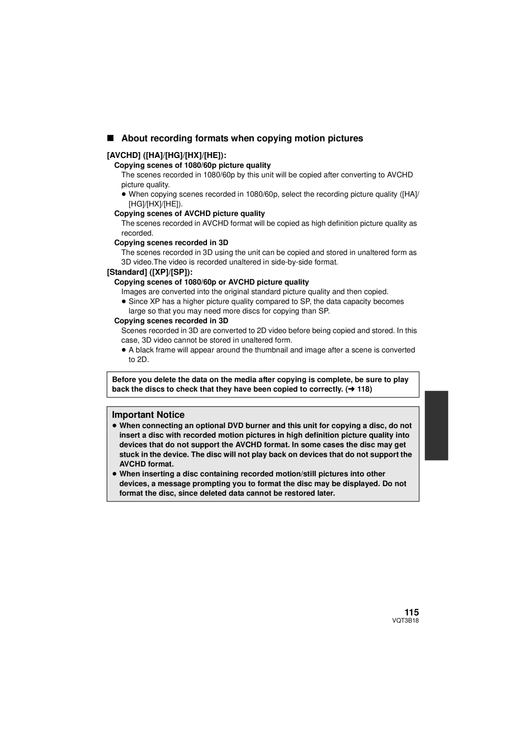 Panasonic HDC-SDT750K About recording formats when copying motion pictures, Important Notice, 115, Avchd HA/HG/HX/HE 