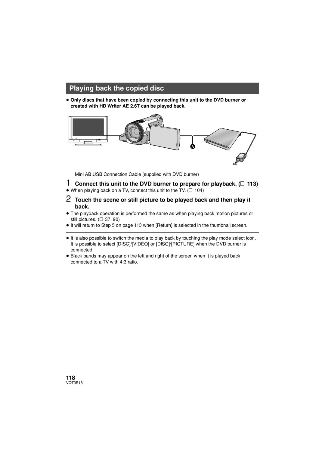 Panasonic HDC-SDT750PP Playing back the copied disc, 118, Mini AB USB Connection Cable supplied with DVD burner 