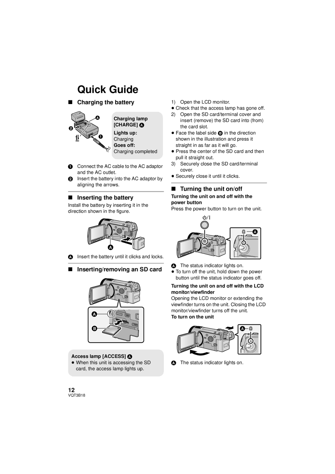 Panasonic HDC-SDT750PP Quick Guide, Charging the battery, Inserting the battery, Inserting/removing an SD card 