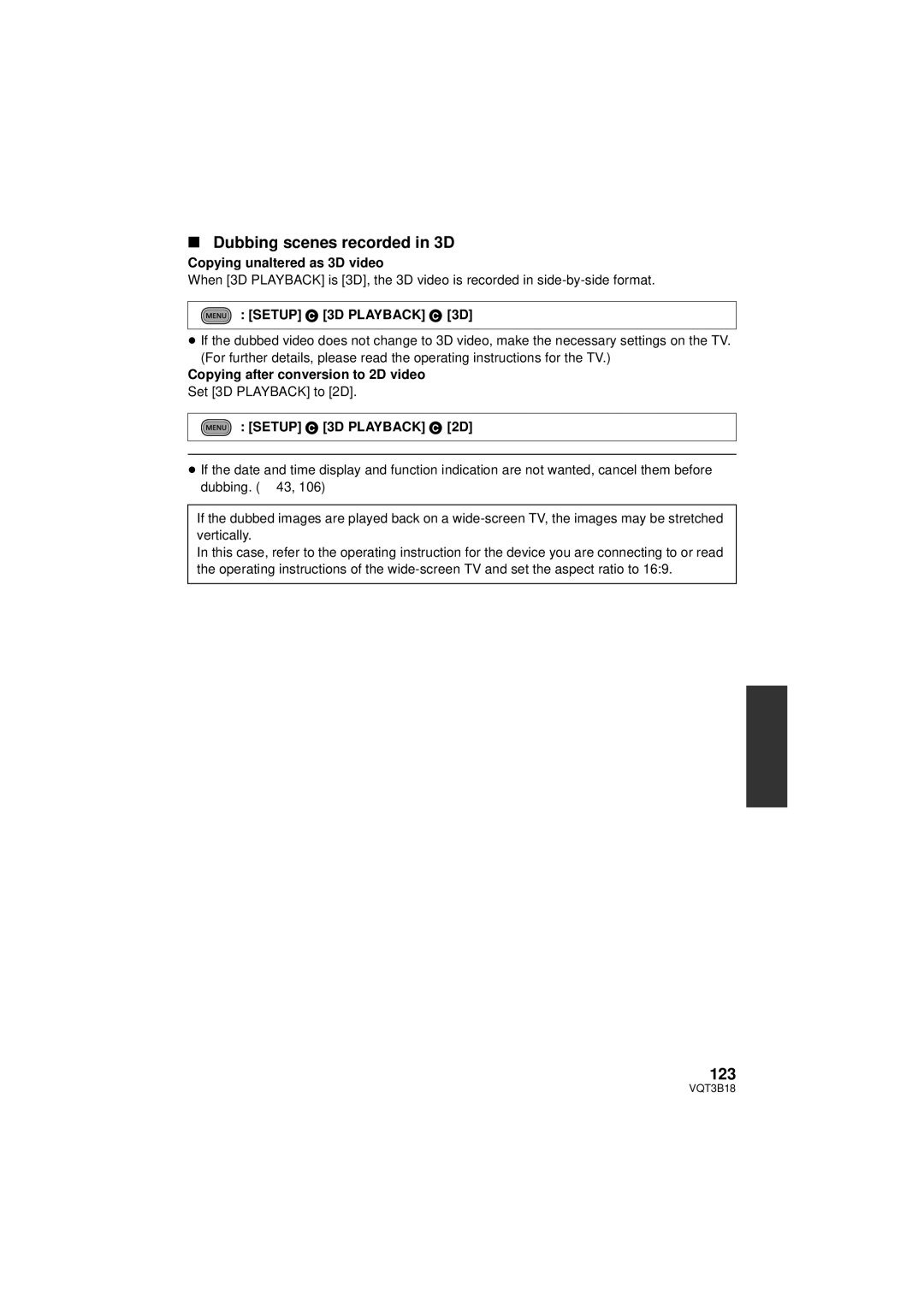 Panasonic HDC-SDT750K 123, Copying unaltered as 3D video, Copying after conversion to 2D video, Set 3D Playback to 2D 