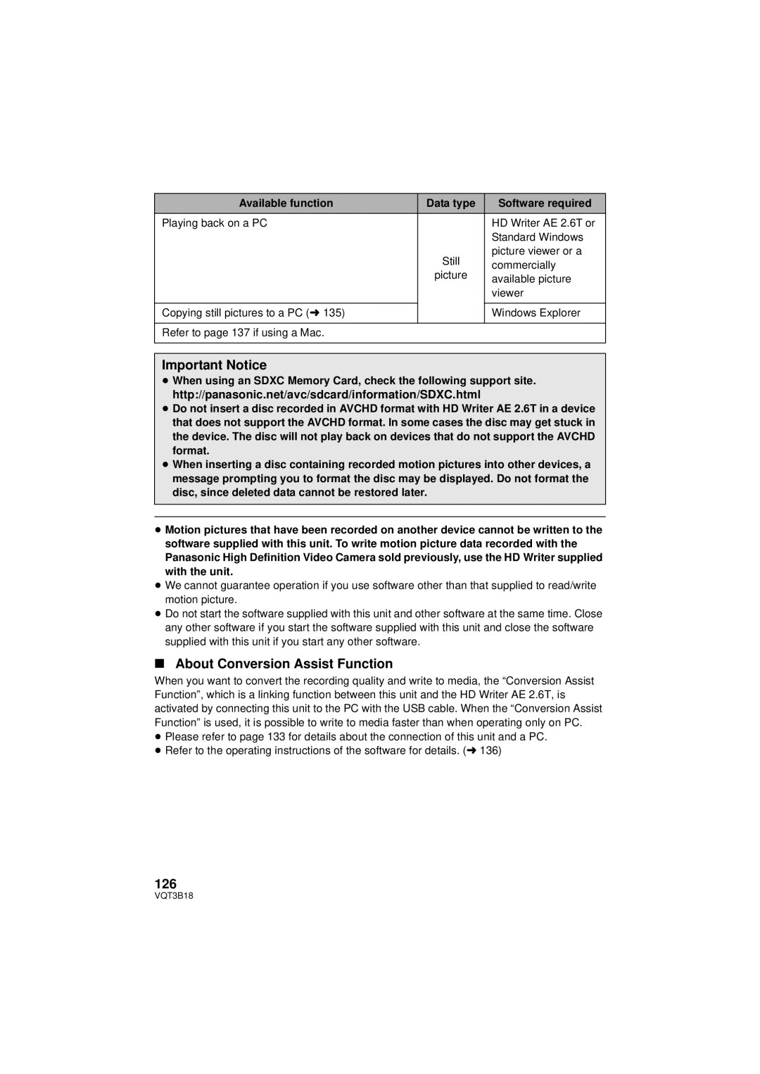 Panasonic HDC-SDT750PP, HDC-SDT750K About Conversion Assist Function, 126, Available function Data type Software required 