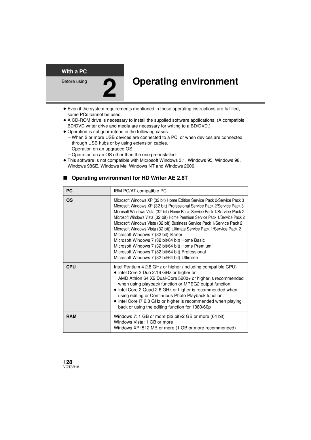 Panasonic HDC-SDT750PP, HDC-SDT750K operating instructions Operating environment for HD Writer AE 2.6T, 128, Cpu, Ram 