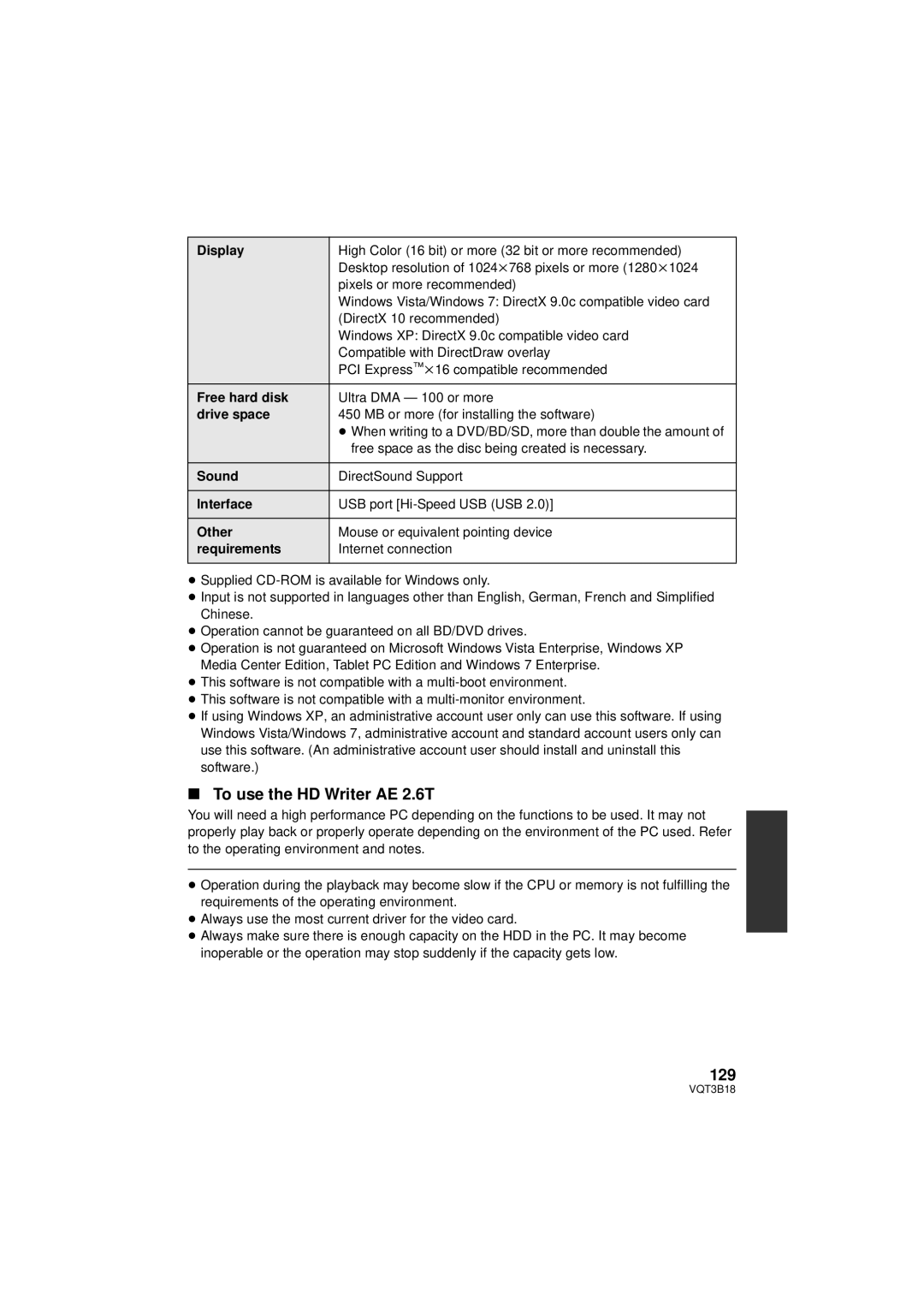 Panasonic HDC-SDT750K, HDC-SDT750PP operating instructions To use the HD Writer AE 2.6T, 129 