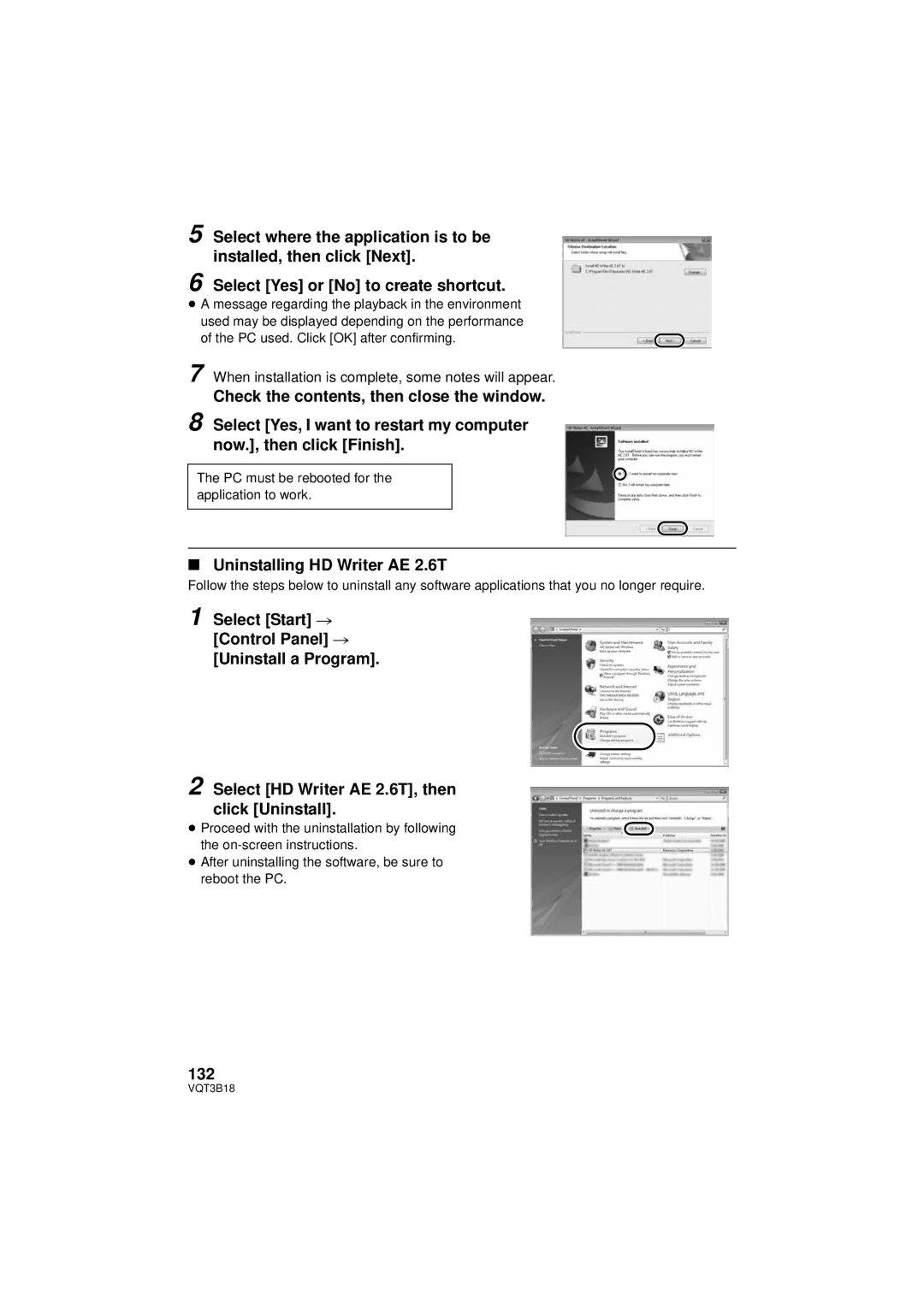 Panasonic HDC-SDT750PP, HDC-SDT750K Uninstalling HD Writer AE 2.6T, 132, PC used. Click OK after confirming 