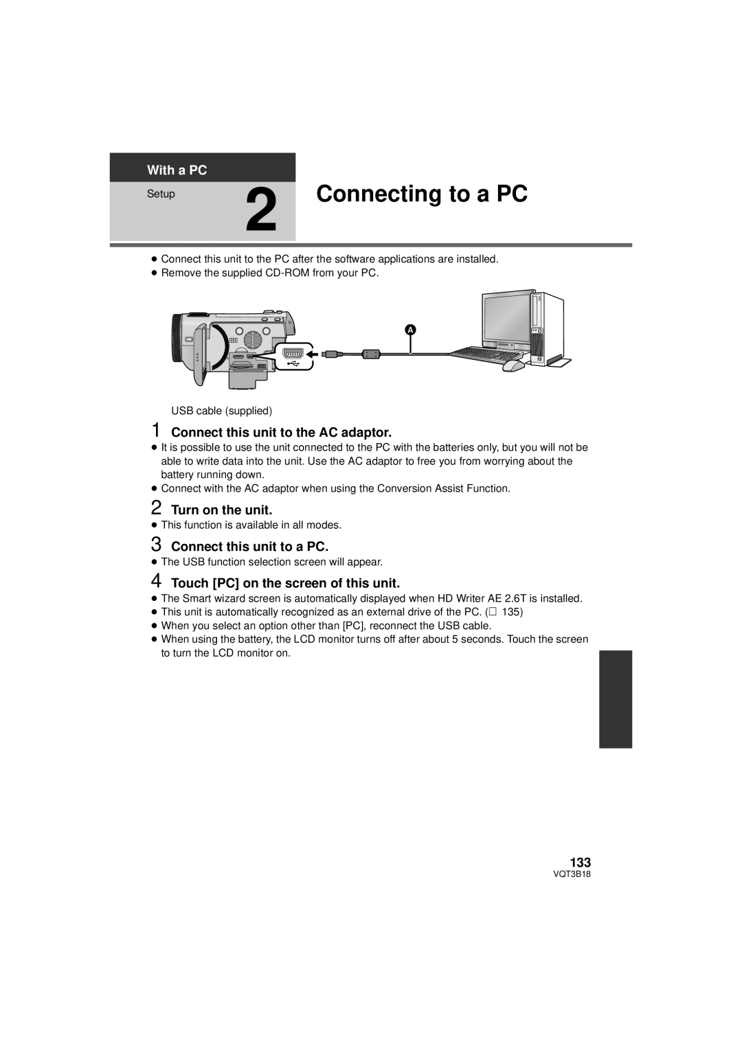 Panasonic HDC-SDT750K, HDC-SDT750PP operating instructions Connecting to a PC 