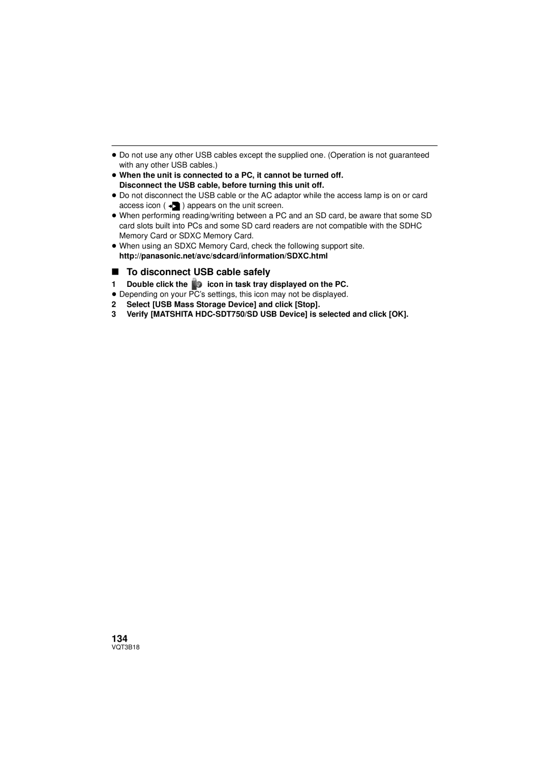 Panasonic HDC-SDT750PP To disconnect USB cable safely, 134, Double click the icon in task tray displayed on the PC 