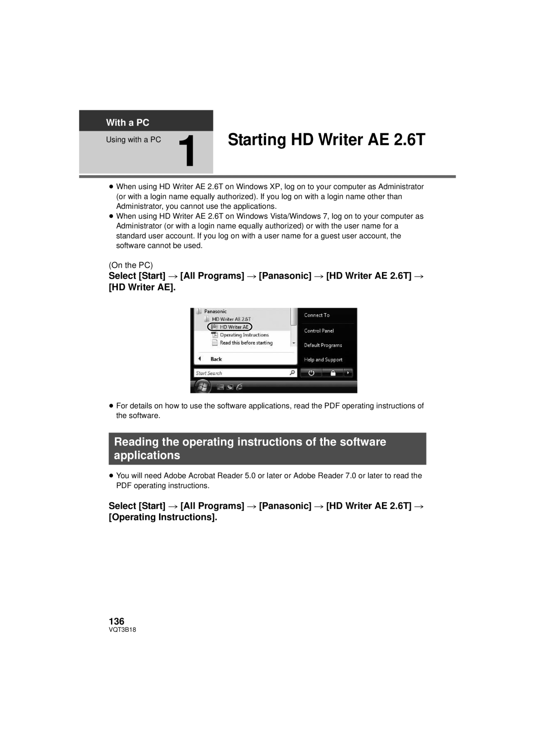 Panasonic HDC-SDT750PP, HDC-SDT750K operating instructions Using with a PC 1 Starting HD Writer AE 2.6T 