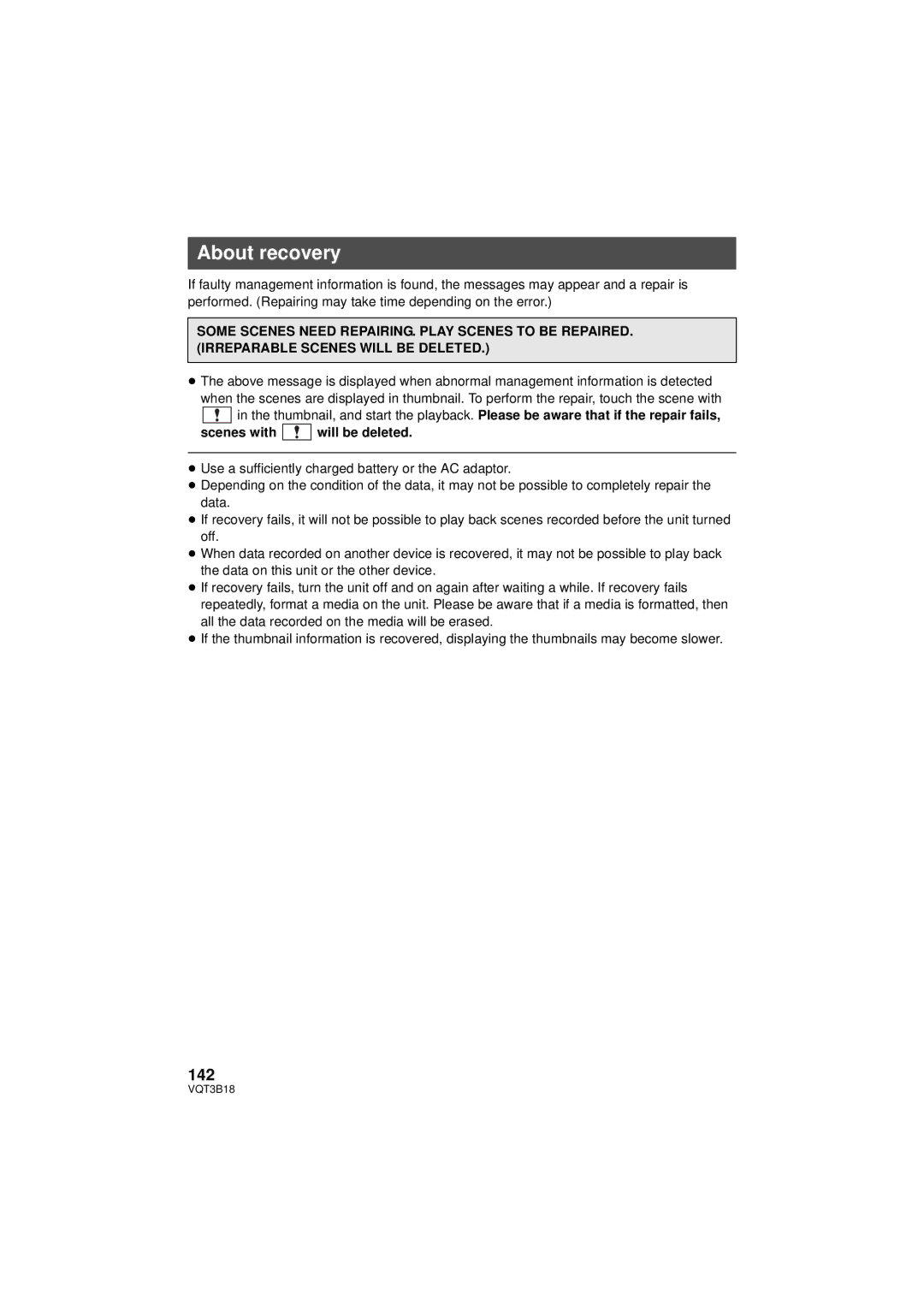 Panasonic HDC-SDT750PP, HDC-SDT750K operating instructions About recovery, 142, Scenes with will be deleted 