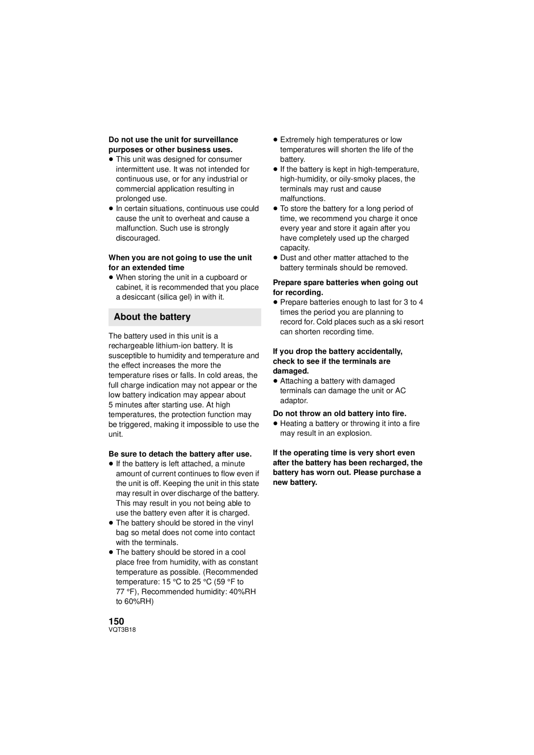 Panasonic HDC-SDT750PP, HDC-SDT750K operating instructions About the battery, 150 