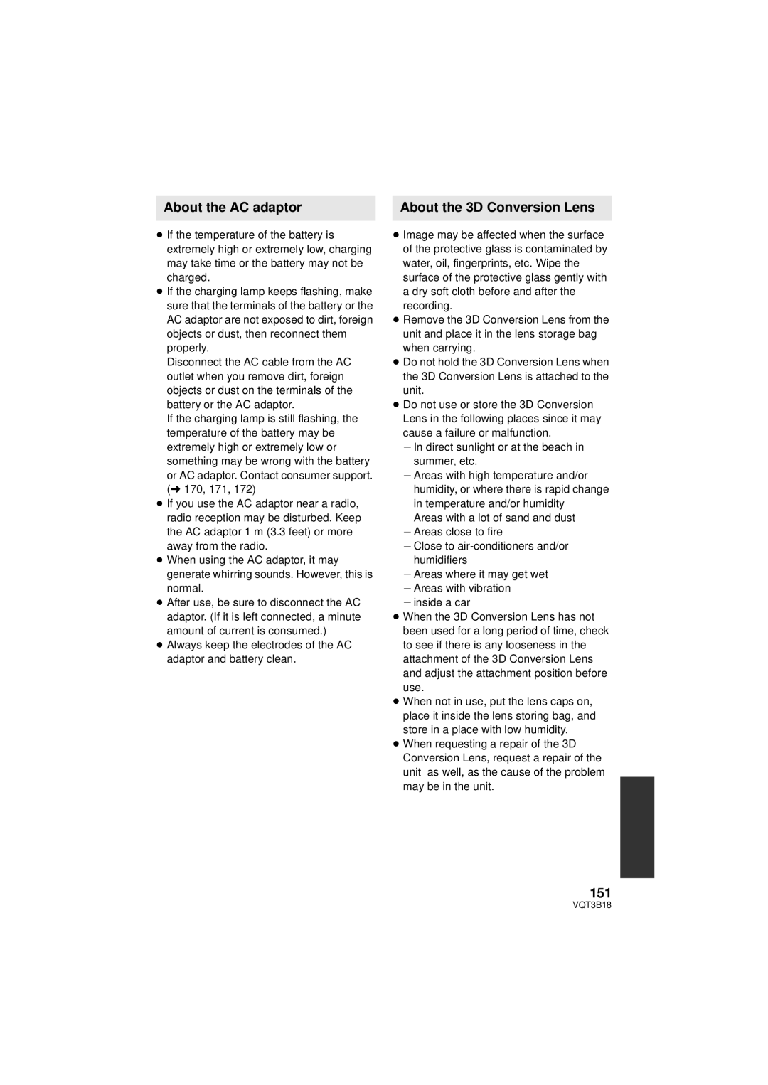 Panasonic HDC-SDT750K, HDC-SDT750PP operating instructions About the AC adaptor, About the 3D Conversion Lens, 151 