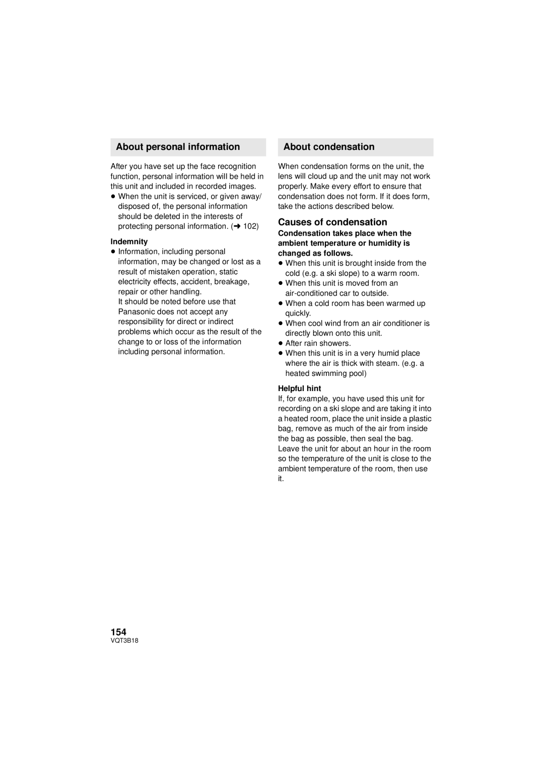 Panasonic HDC-SDT750PP, HDC-SDT750K About personal information, About condensation, Causes of condensation, 154 