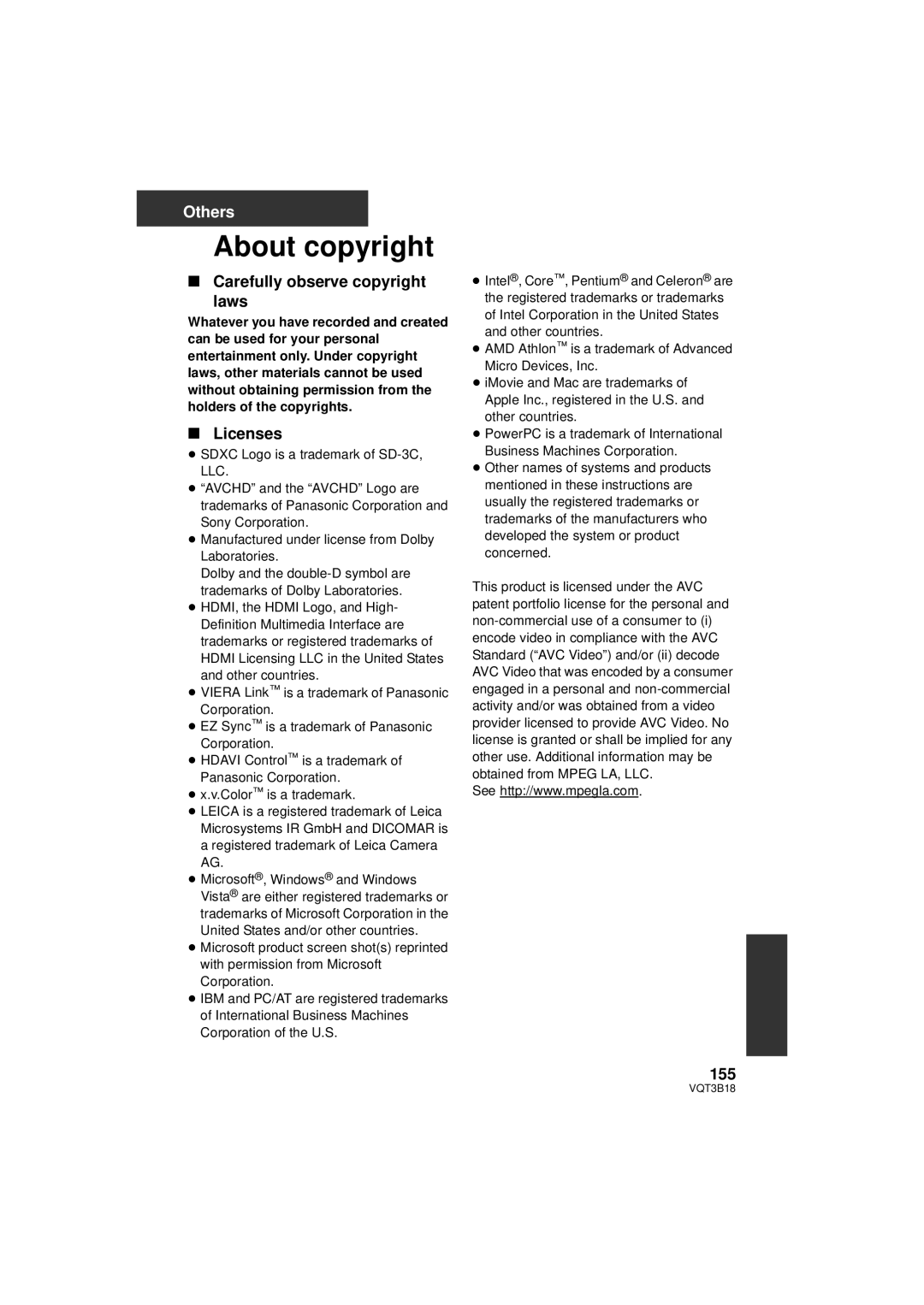 Panasonic HDC-SDT750K, HDC-SDT750PP operating instructions About copyright, Carefully observe copyright Laws, Licenses, 155 