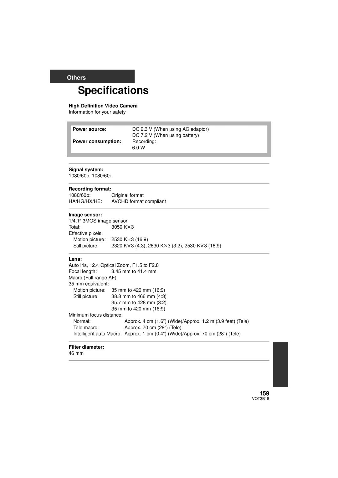 Panasonic HDC-SDT750K, HDC-SDT750PP operating instructions Specifications, 159 