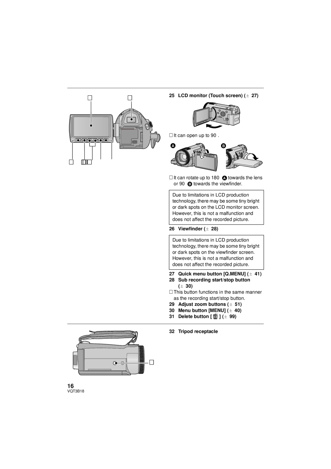 Panasonic HDC-SDT750PP, HDC-SDT750K operating instructions LCD monitor Touch screen l, ≥ It can open up to 90o, Viewfinder l 