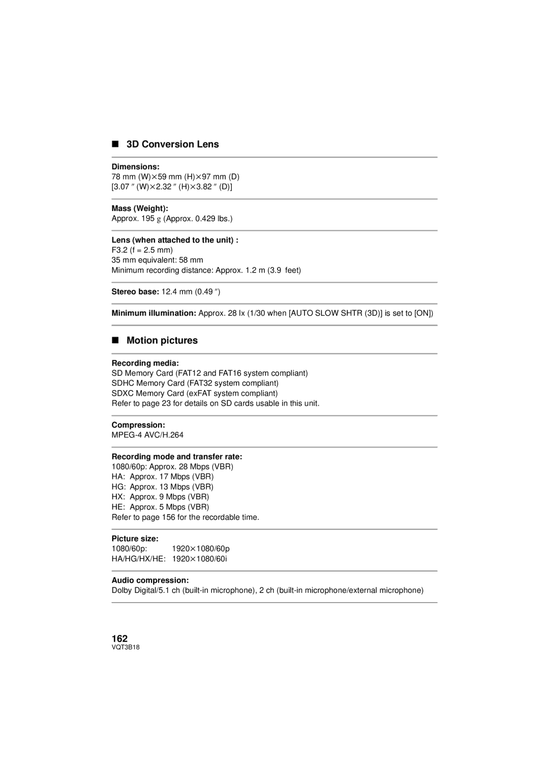 Panasonic HDC-SDT750PP, HDC-SDT750K operating instructions 3D Conversion Lens, Motion pictures, 162 