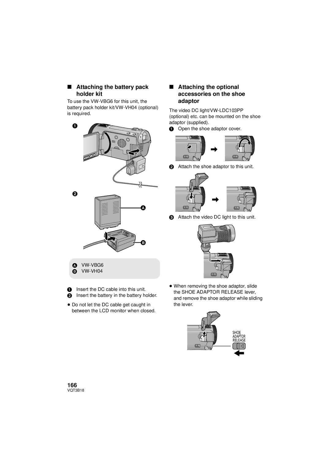 Panasonic HDC-SDT750PP Attaching the battery pack holder kit, Attaching the optional accessories on the shoe adaptor, 166 