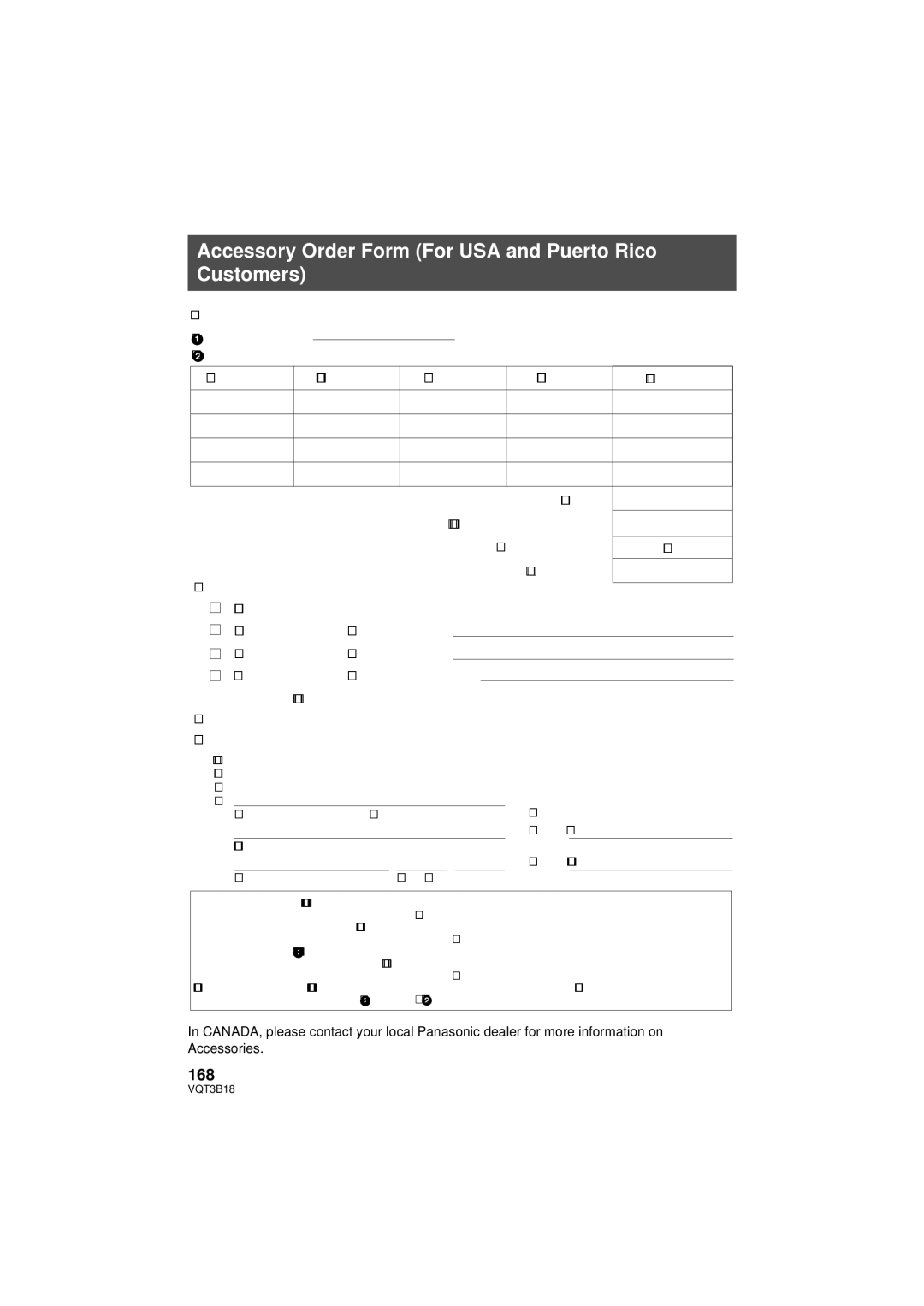 Panasonic HDC-SDT750PP, HDC-SDT750K operating instructions Accessory Order Form For USA and Puerto Rico Customers, 168 