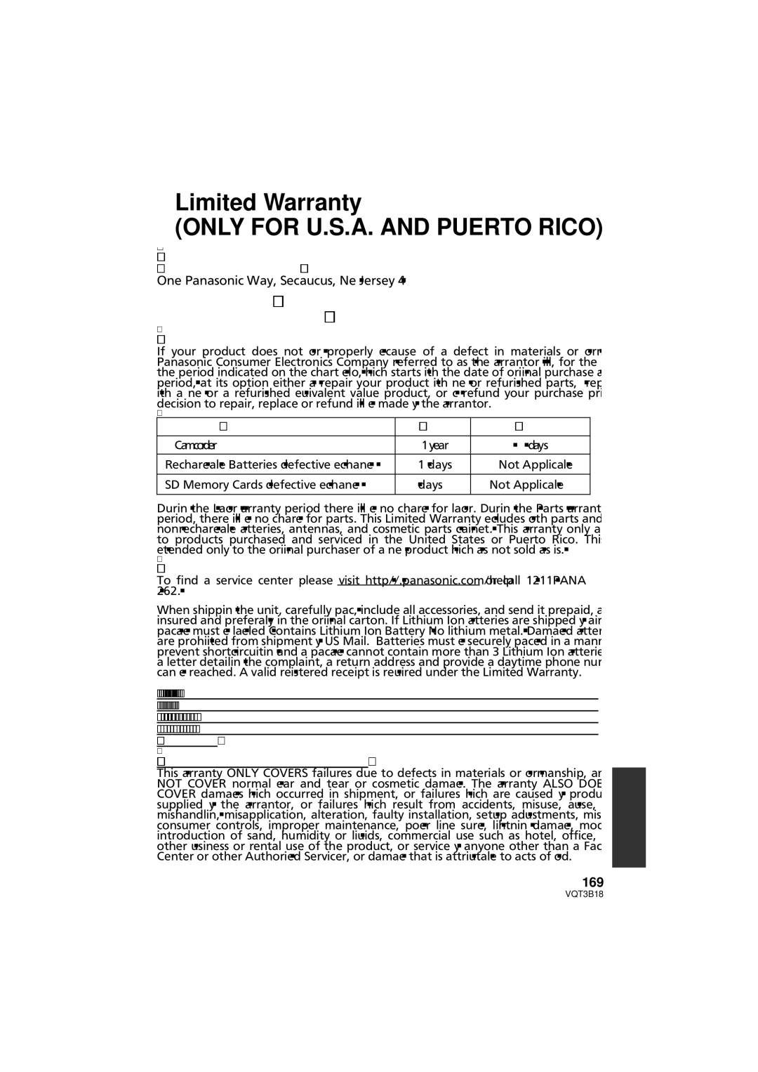 Panasonic HDC-SDT750K, HDC-SDT750PP operating instructions Limited Warranty, 169 