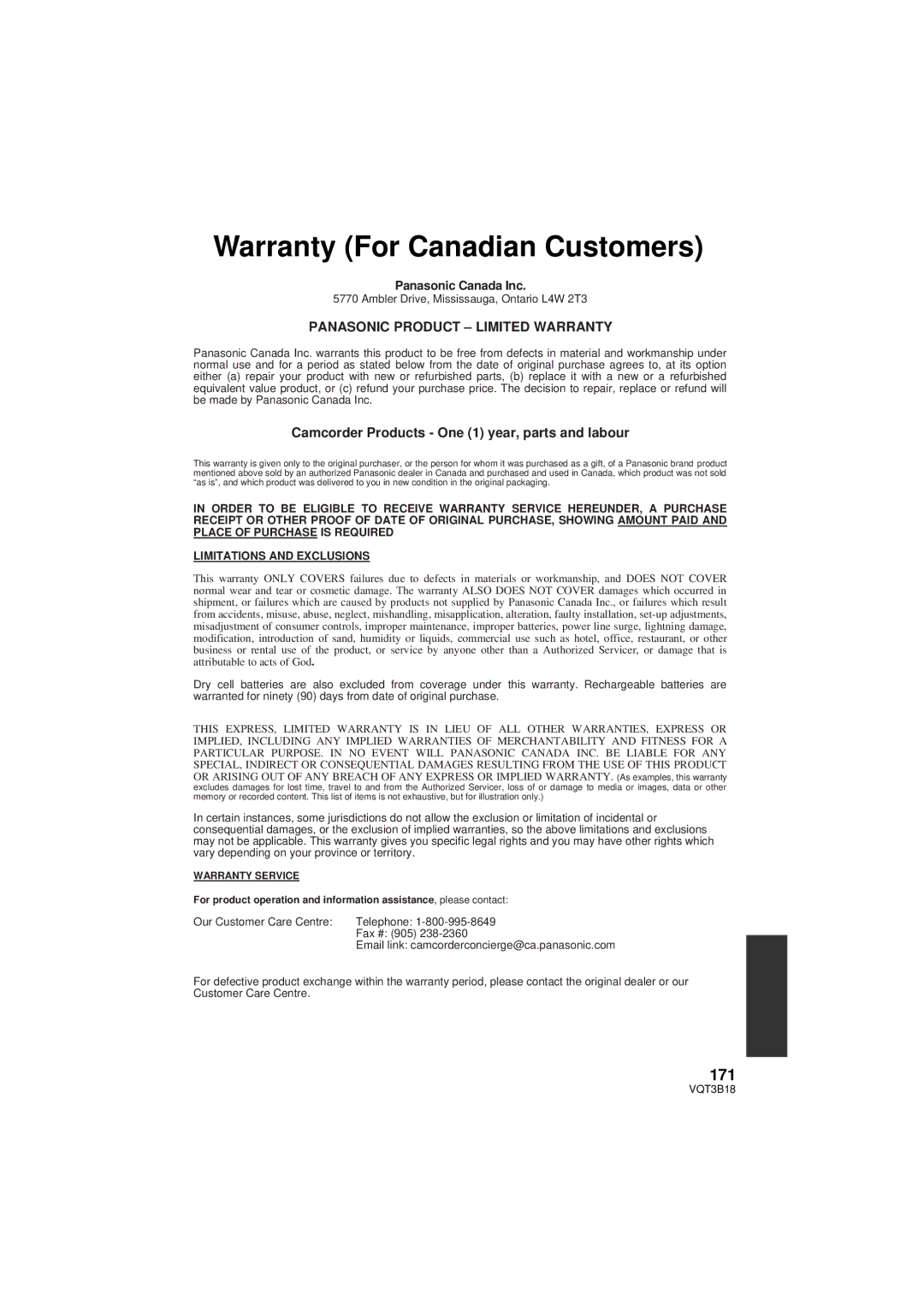 Panasonic HDC-SDT750K, HDC-SDT750PP Warranty For Canadian Customers, 171, Panasonic Product Limited Warranty 