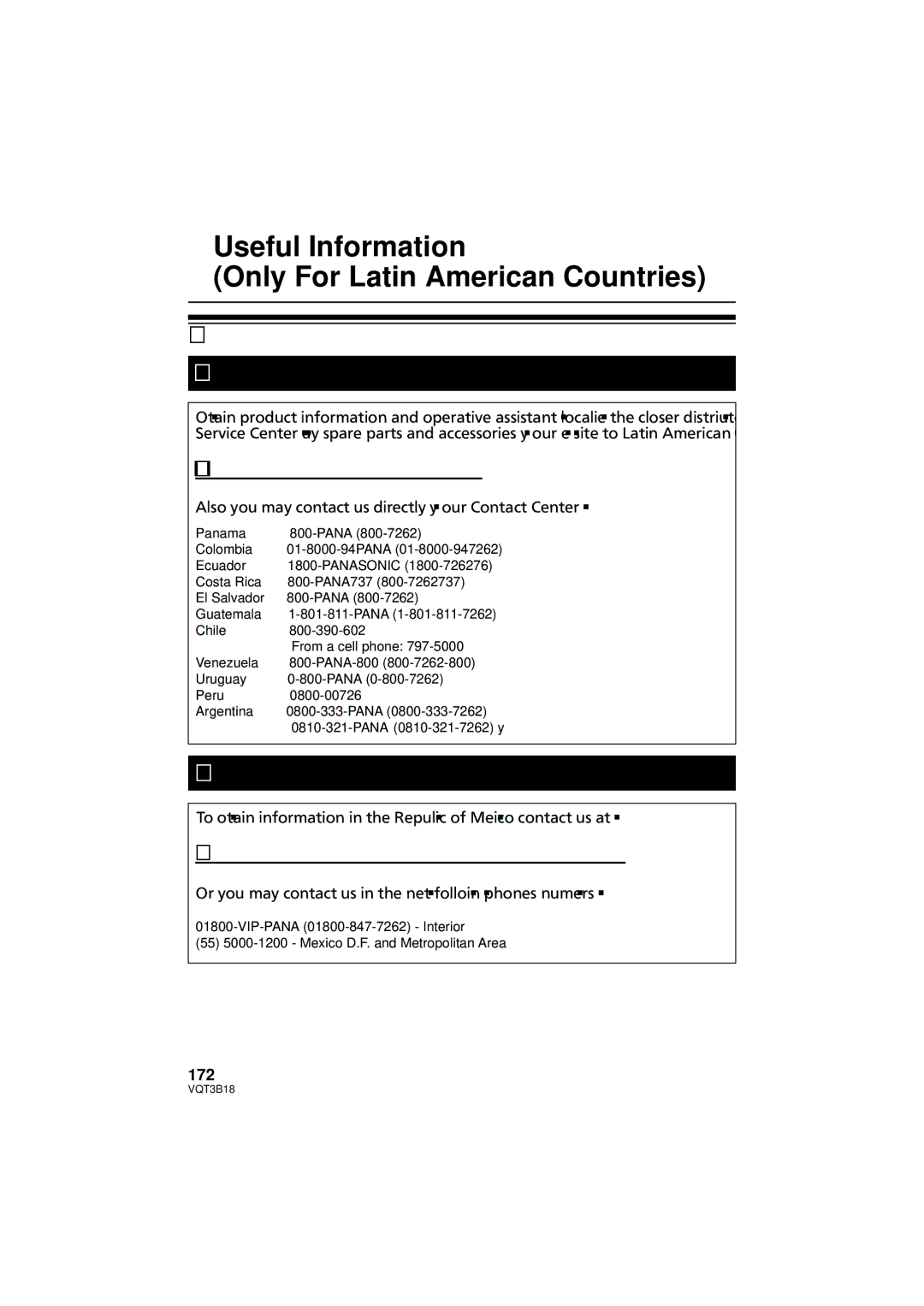 Panasonic HDC-SDT750PP, HDC-SDT750K Useful Information Only For Latin American Countries, 172, Panama Colombia 