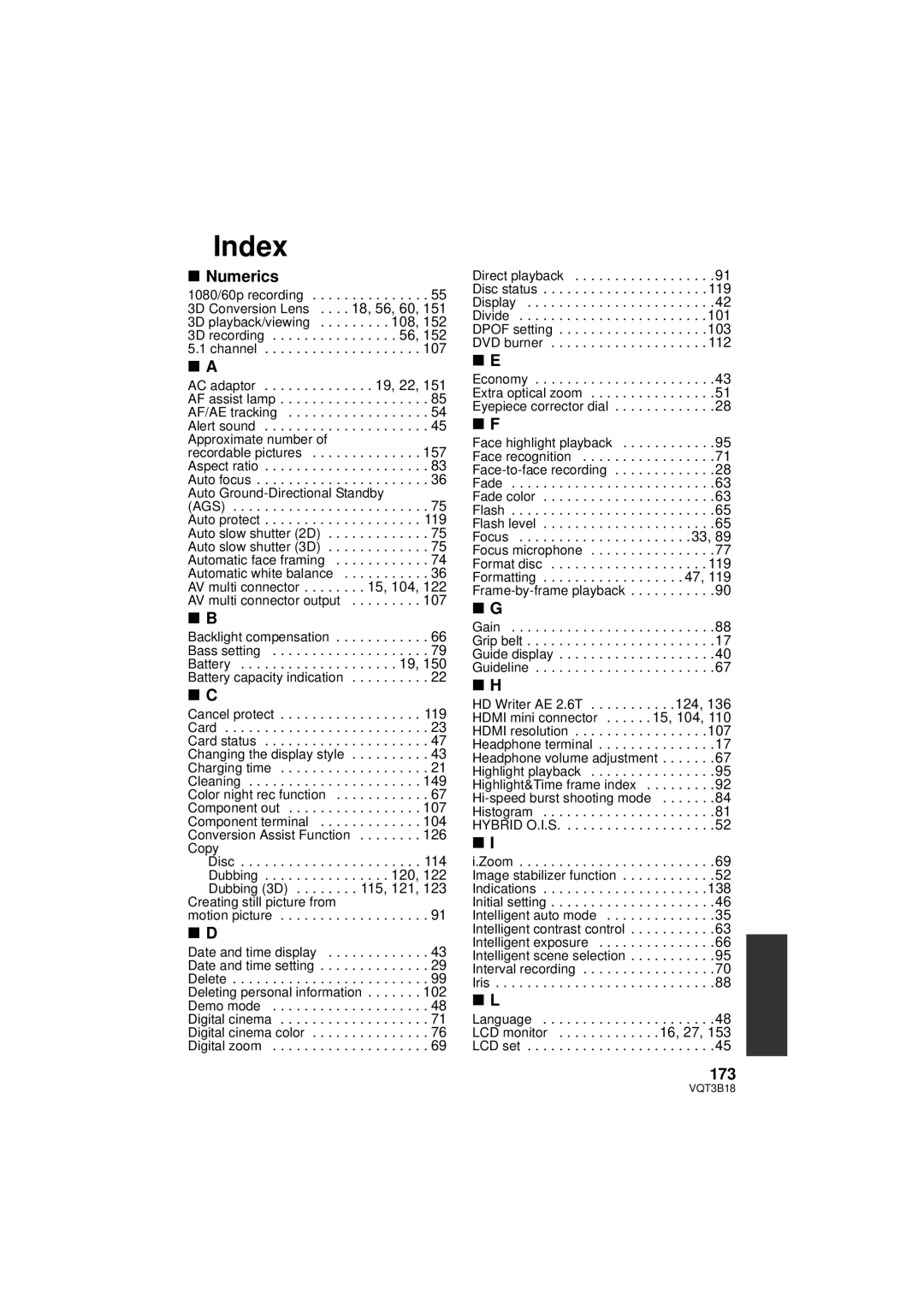 Panasonic HDC-SDT750K, HDC-SDT750PP operating instructions Index, Numerics, 173 