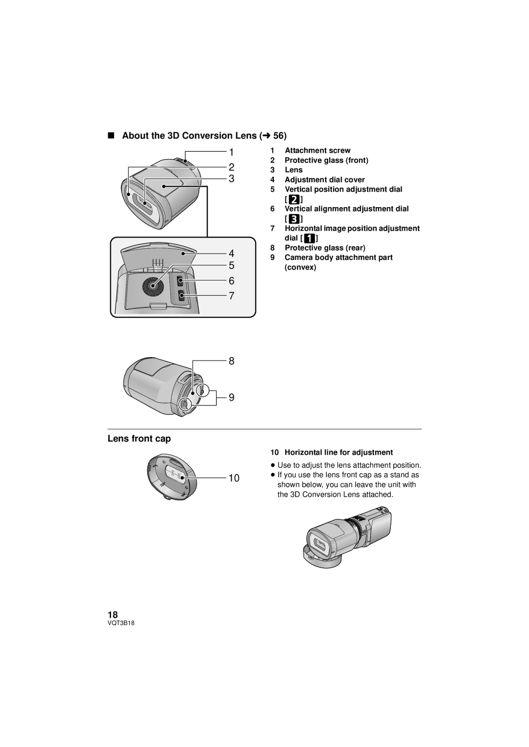 Panasonic HDC-SDT750PP, HDC-SDT750K About the 3D Conversion Lens l, Lens front cap, Horizontal line for adjustment 